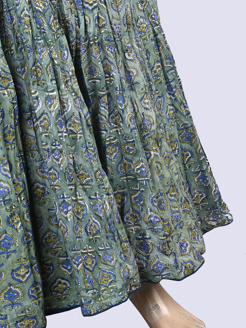 Aqua Booti Hand Block Printed Crinkled Cotton Cambric 48 Kali Kalidaar Skirt