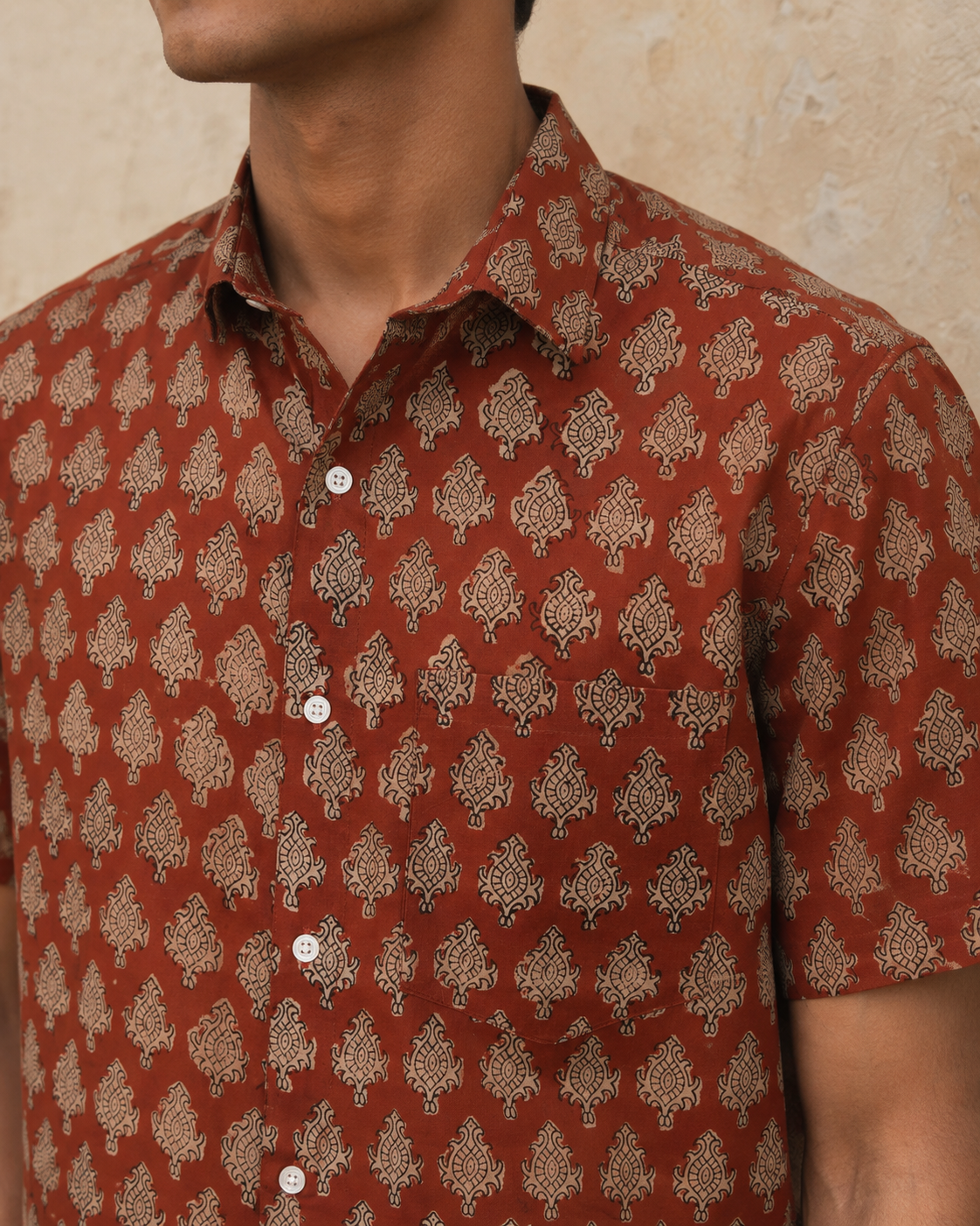 Bagru Red Booti Cotton Mens Half Sleeve Shirts