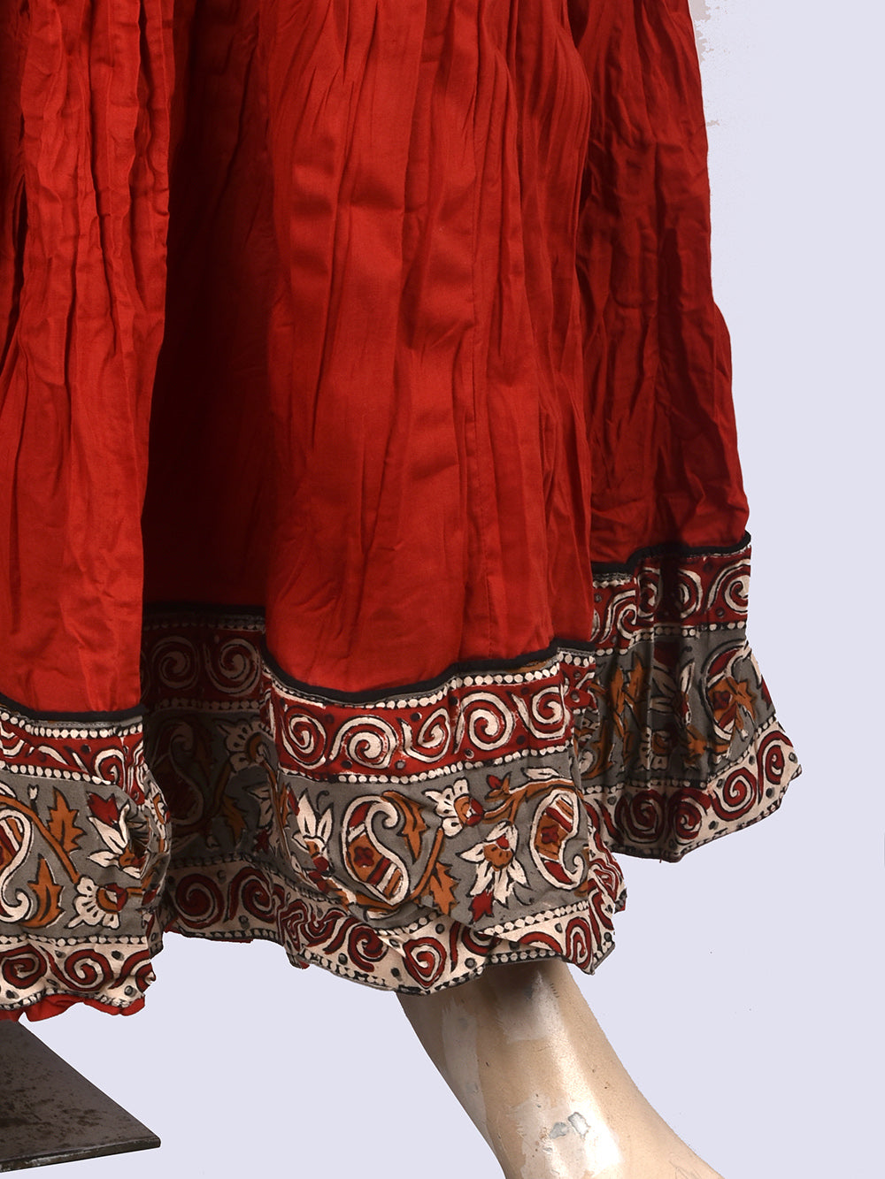 Plain Dyed Bagru Red with Kalamkari Border Crinkled Cotton 28 Kali Kalidaar Skirt