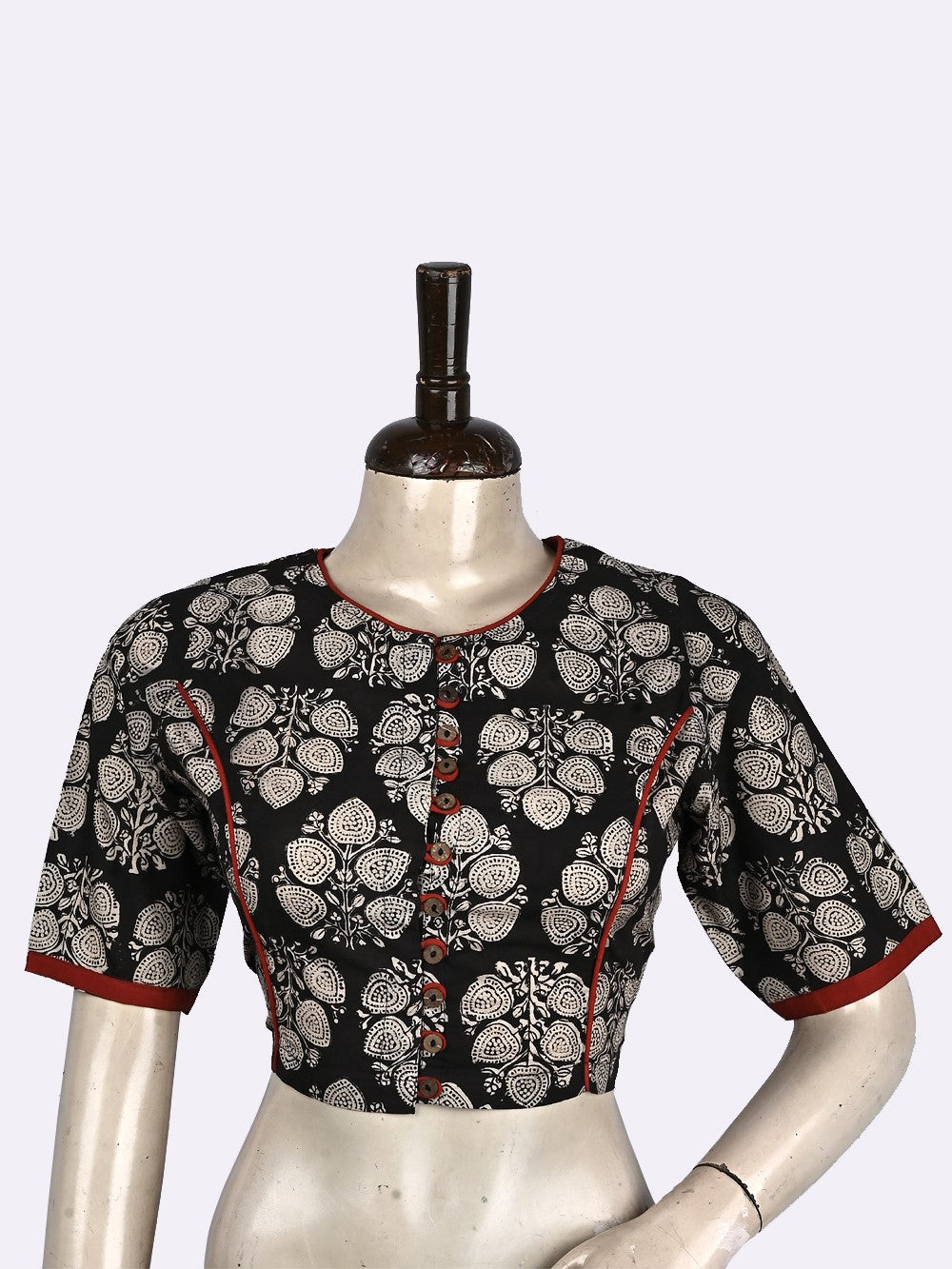 Bagru Black Mughal Boota Princess line Hand Block Printed Cotton Blouse