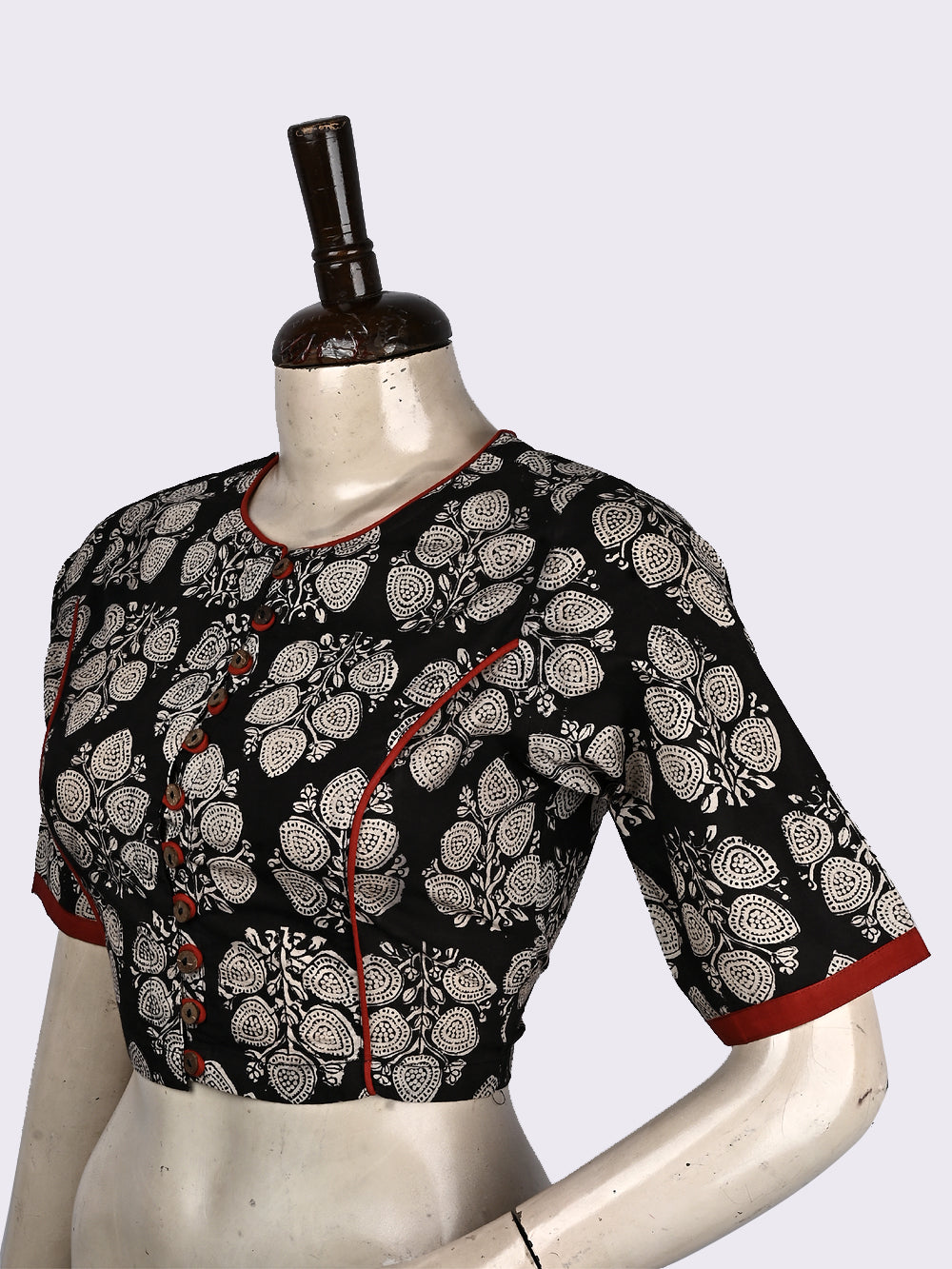 Bagru Black Mughal Boota Princess line Hand Block Printed Cotton Blouse