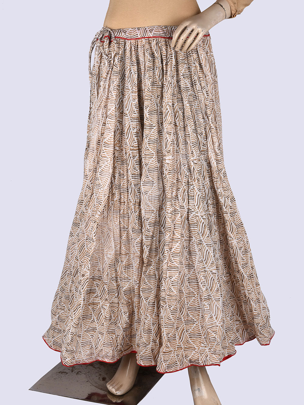 Boho Beige Hand Block Printed Crinkled Cotton Cambric 48 Kali Kalidaar Skirt