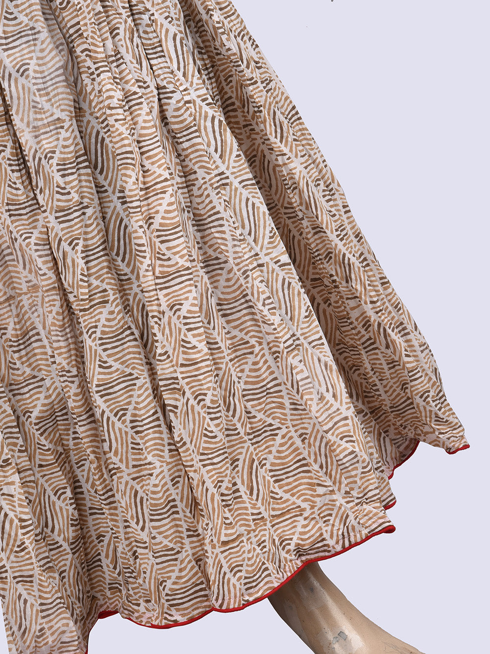 Boho Beige Hand Block Printed Crinkled Cotton Cambric 48 Kali Kalidaar Skirt