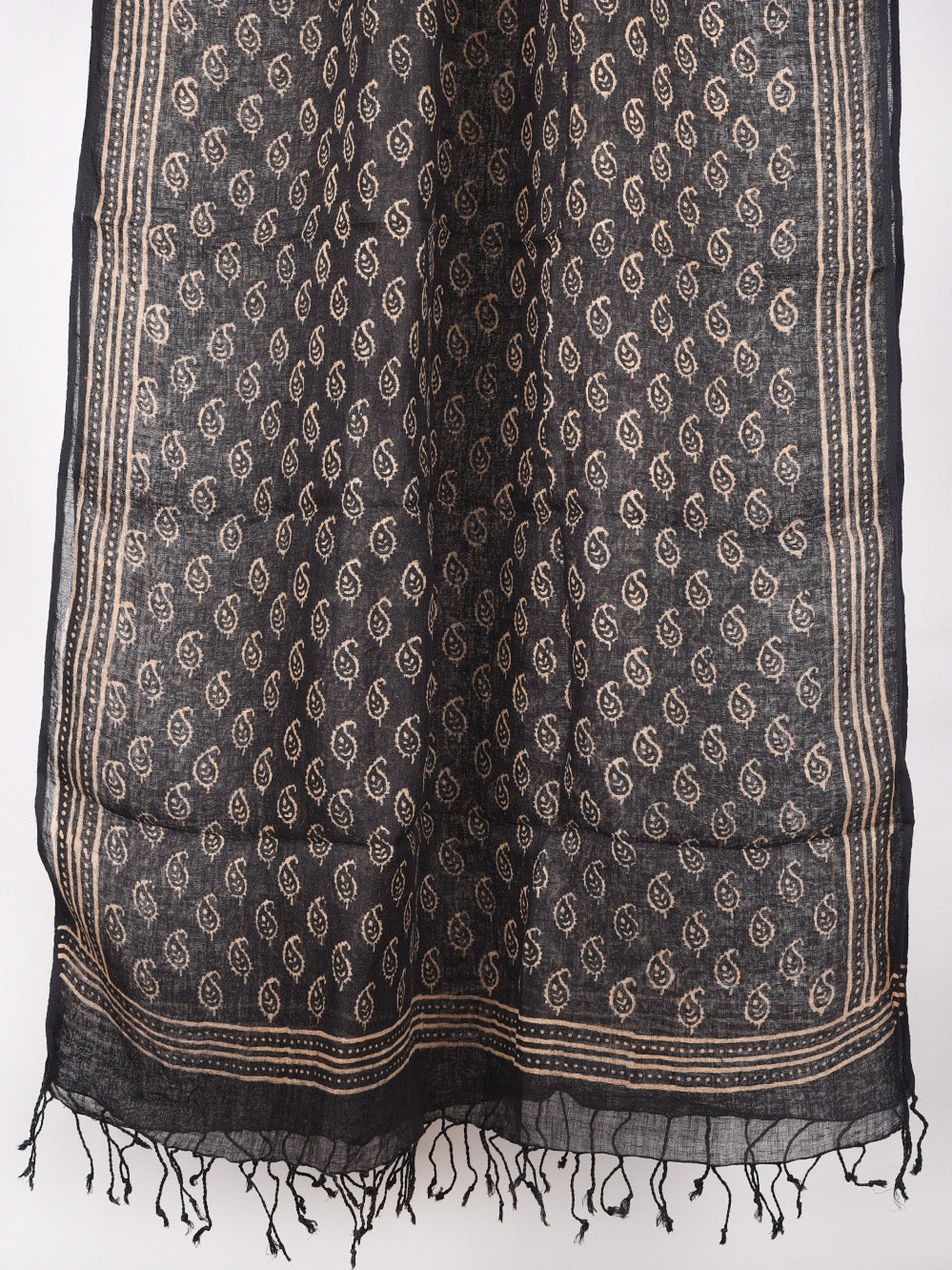 Black Traditional Kairi Hand Printed Pure Linen Dupatta