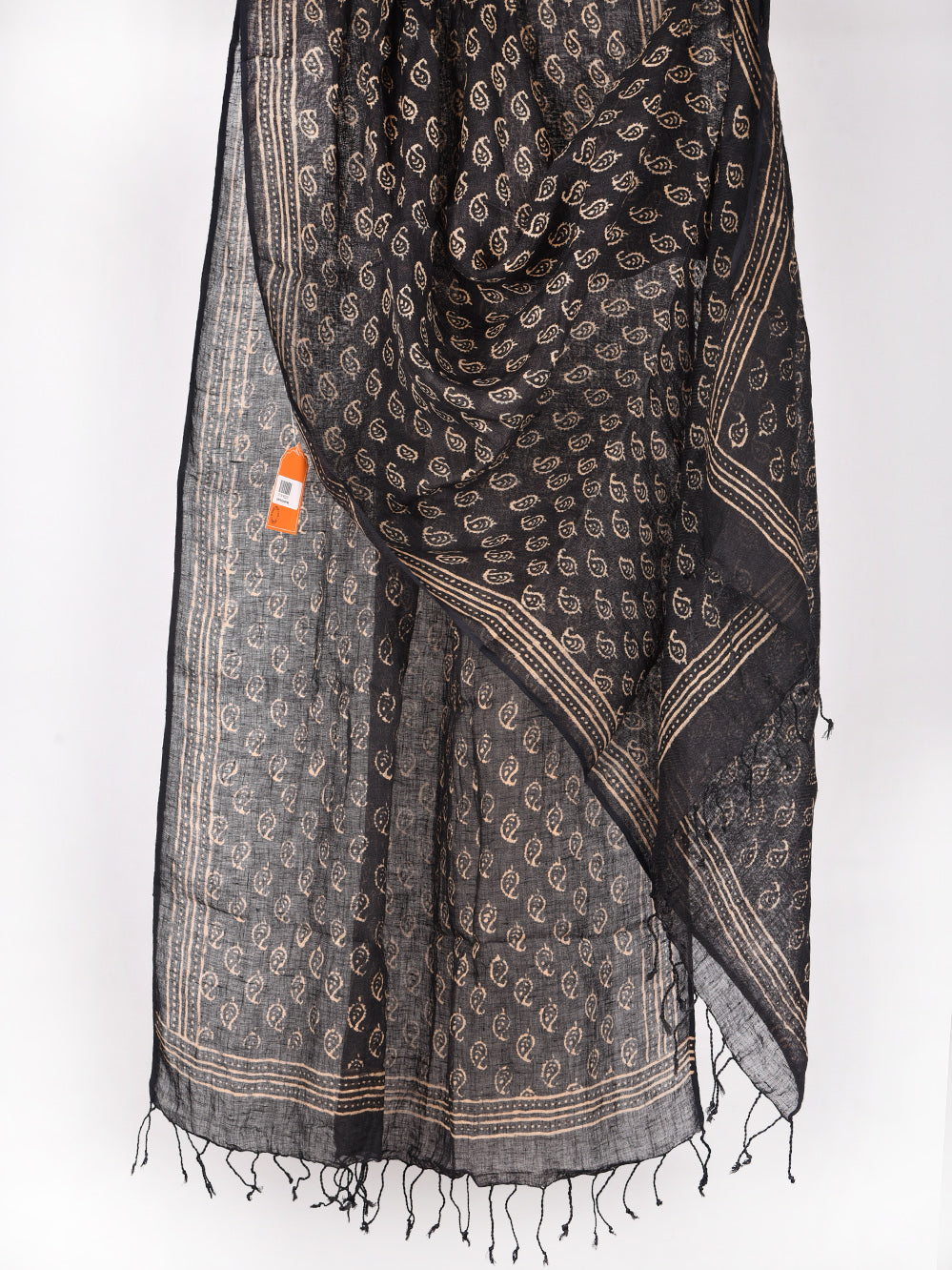 Black Traditional Kairi Hand Printed Pure Linen Dupatta