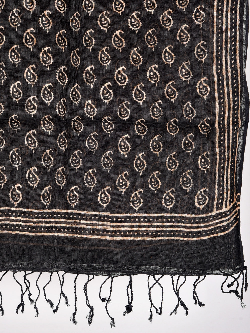 Black Traditional Kairi Hand Printed Pure Linen Dupatta