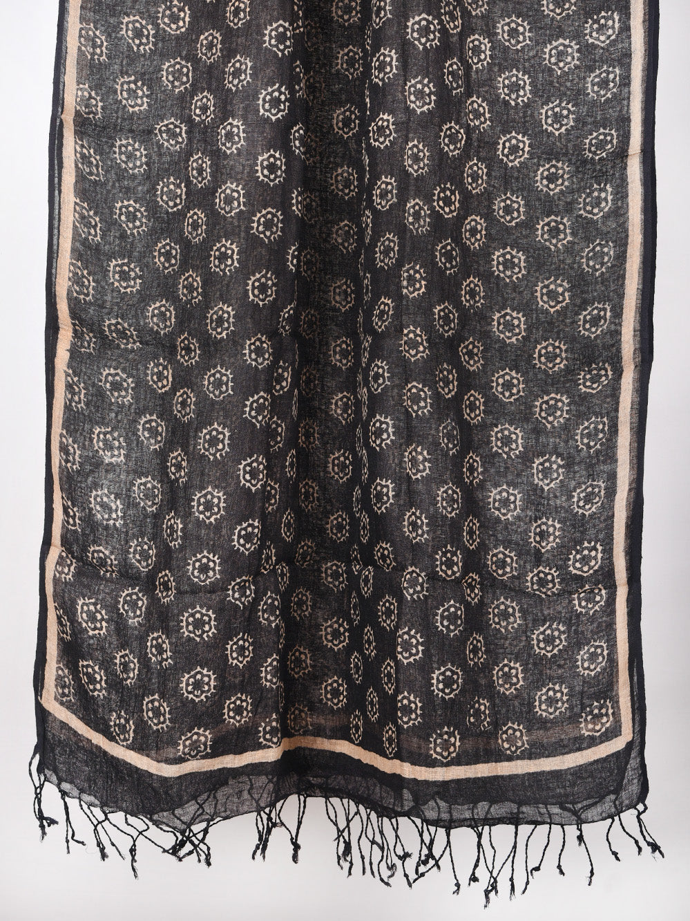 Black Abstract Flower Hand Printed Pure Linen Dupatta