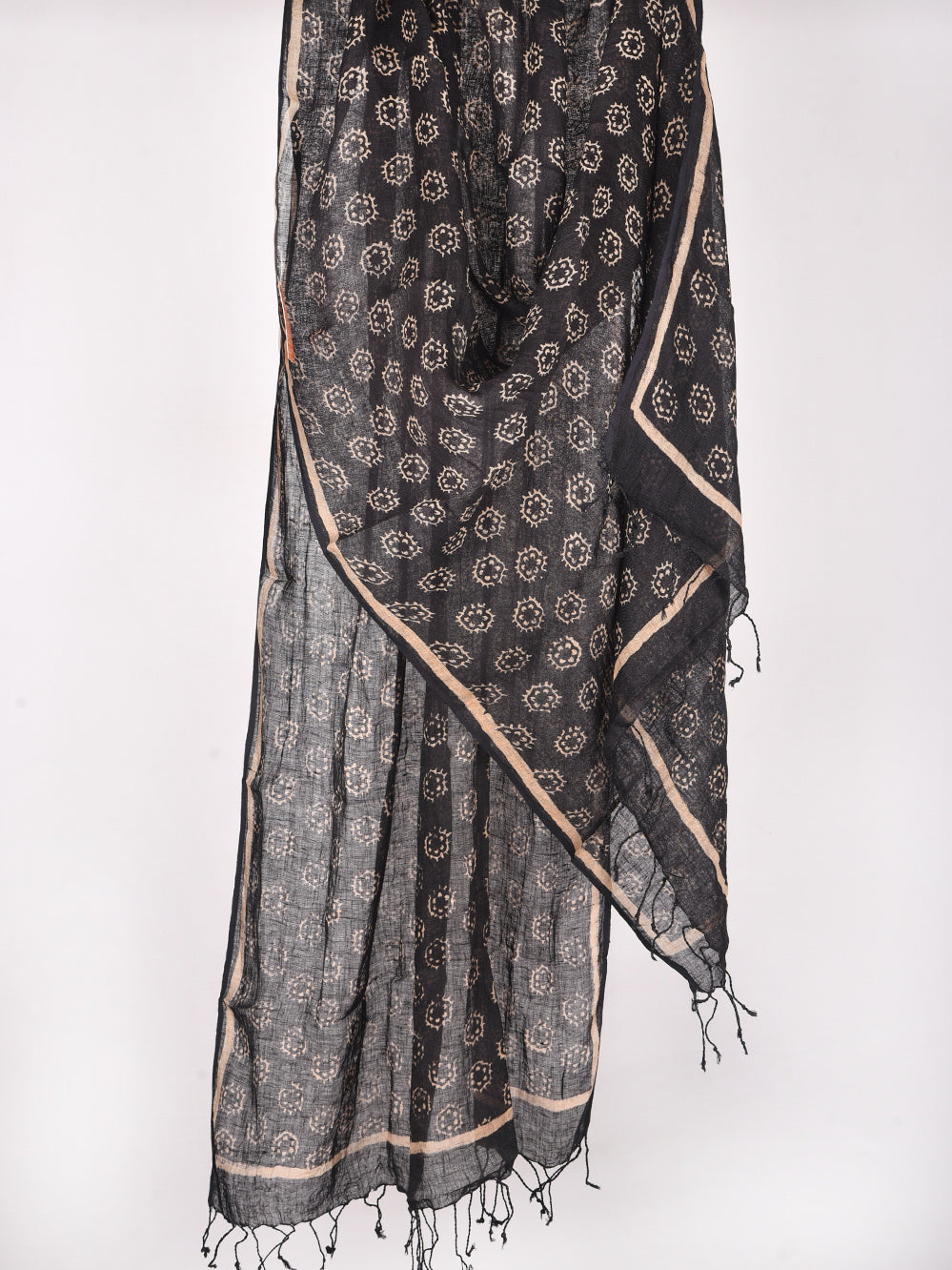 Black Abstract Flower Hand Printed Pure Linen Dupatta