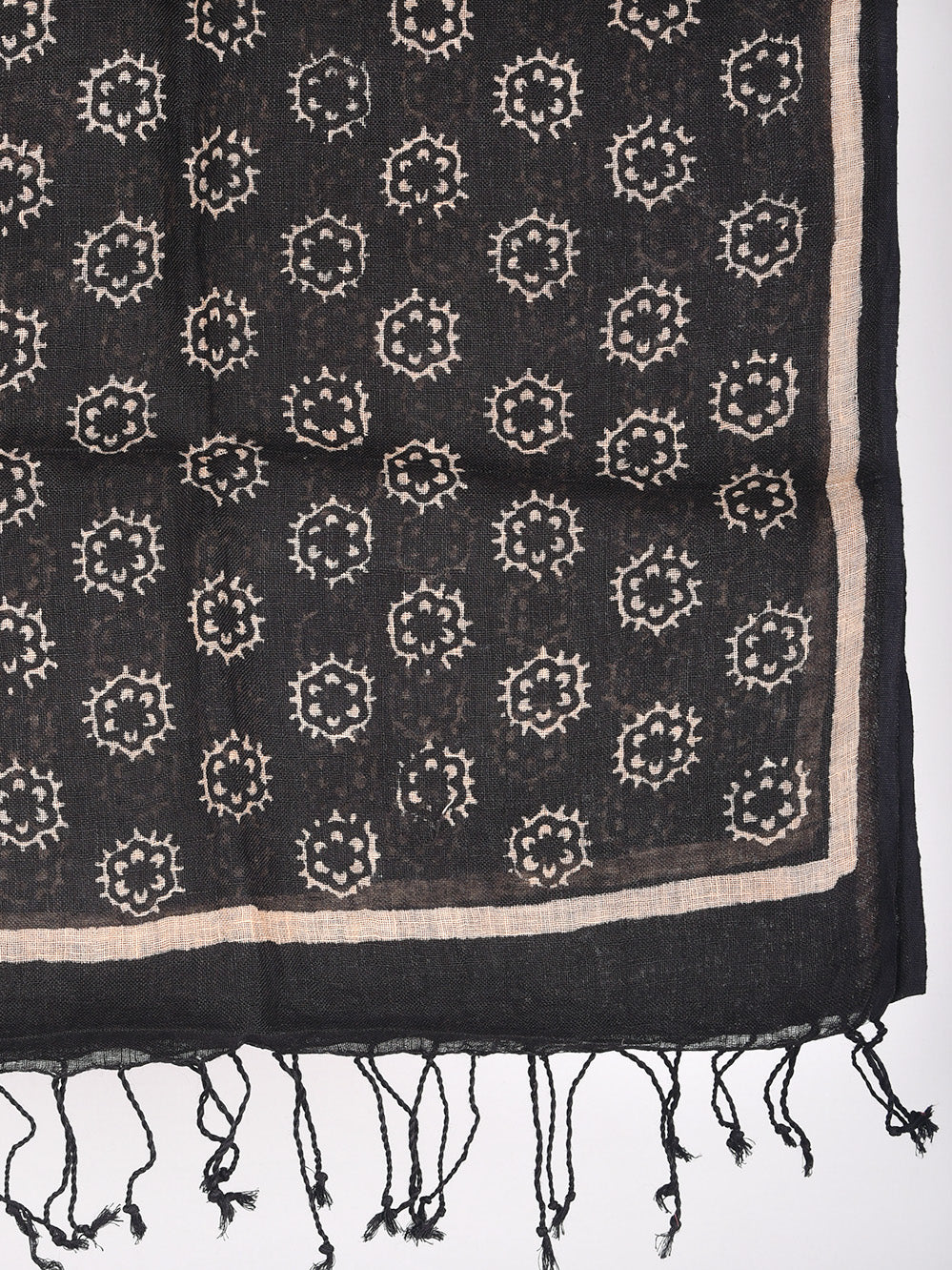 Black Abstract Flower Hand Printed Pure Linen Dupatta