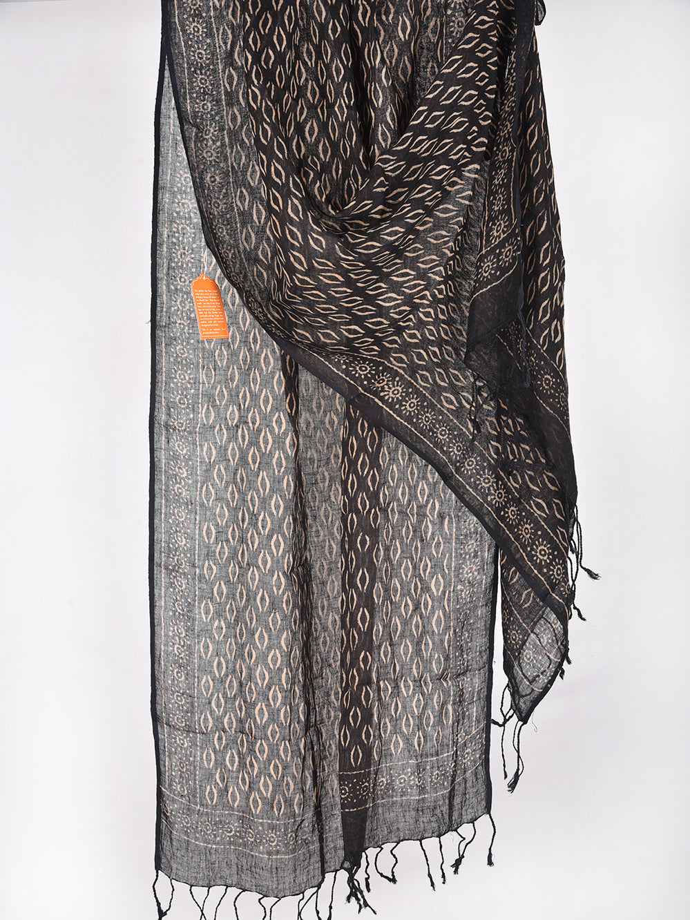 Black Brackets Hand Printed Pure Linen Dupatta