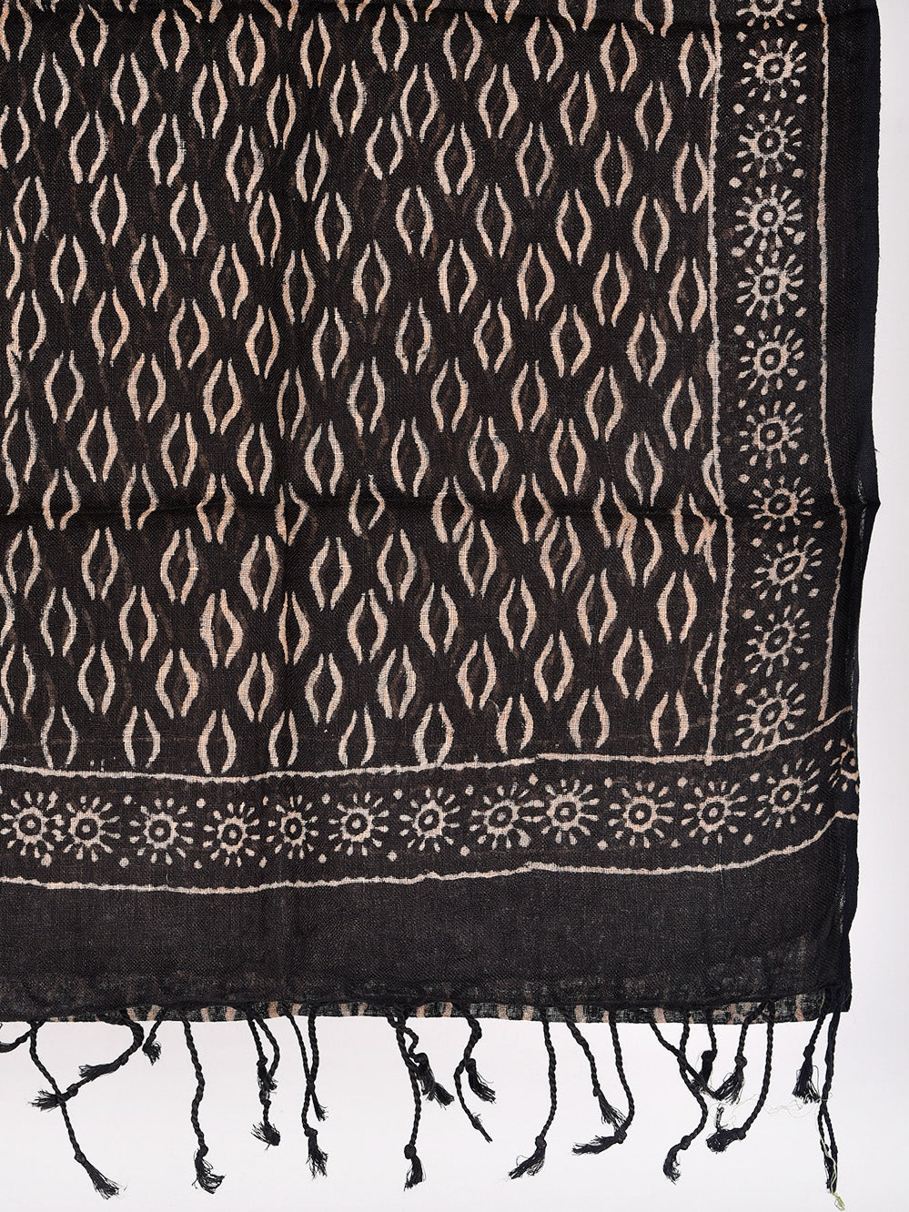 Black Brackets Hand Printed Pure Linen Dupatta