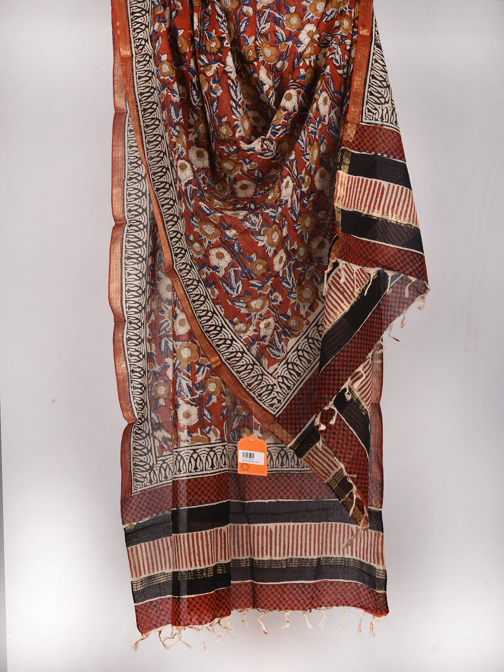 Bagru Red Hand Printed Silk Cotton Chanderi Dupatta