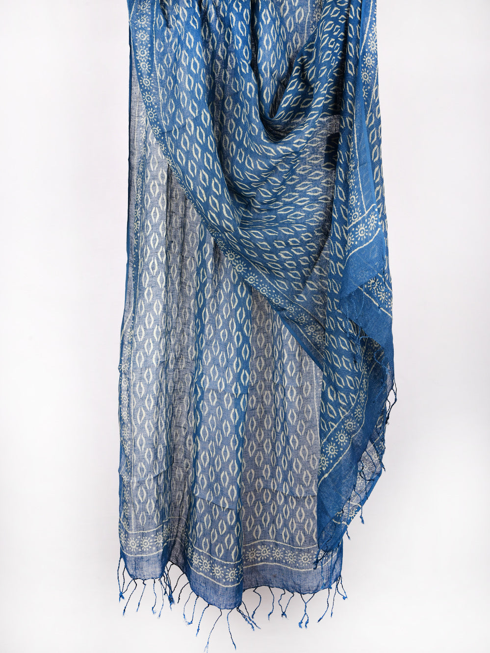 Blue Brackets Hand Printed Pure Linen Dupatta