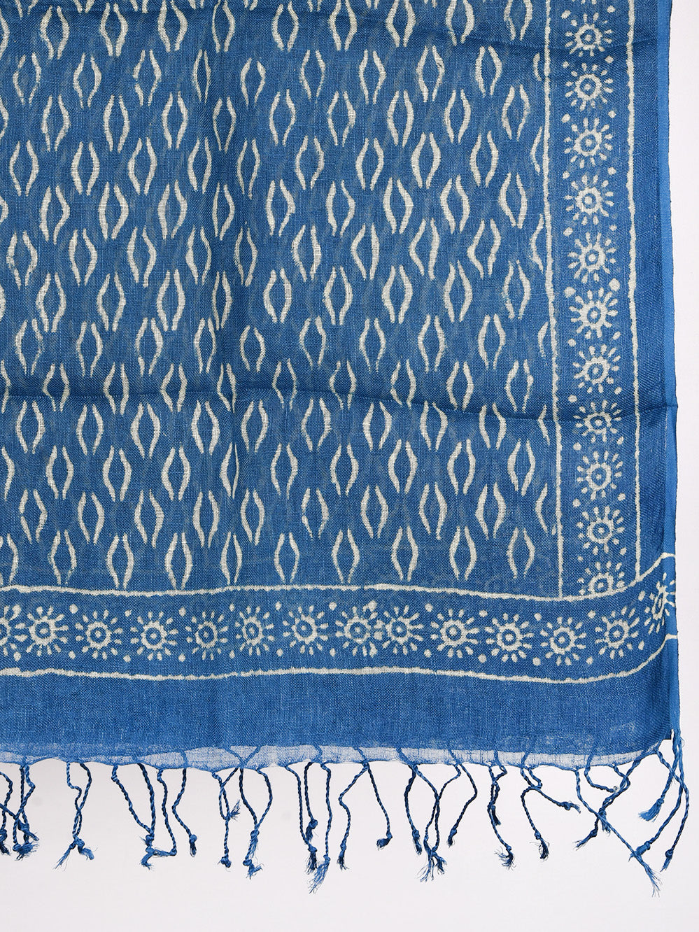 Blue Brackets Hand Printed Pure Linen Dupatta