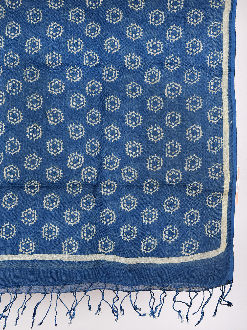 Blue Brackets Hand Printed Pure Linen Dupatta