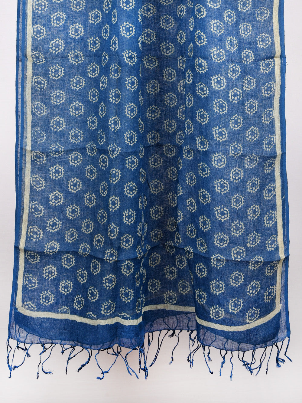 Blue Brackets Hand Printed Pure Linen Dupatta