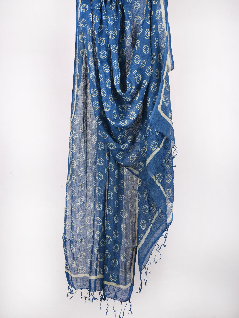 Blue Brackets Hand Printed Pure Linen Dupatta