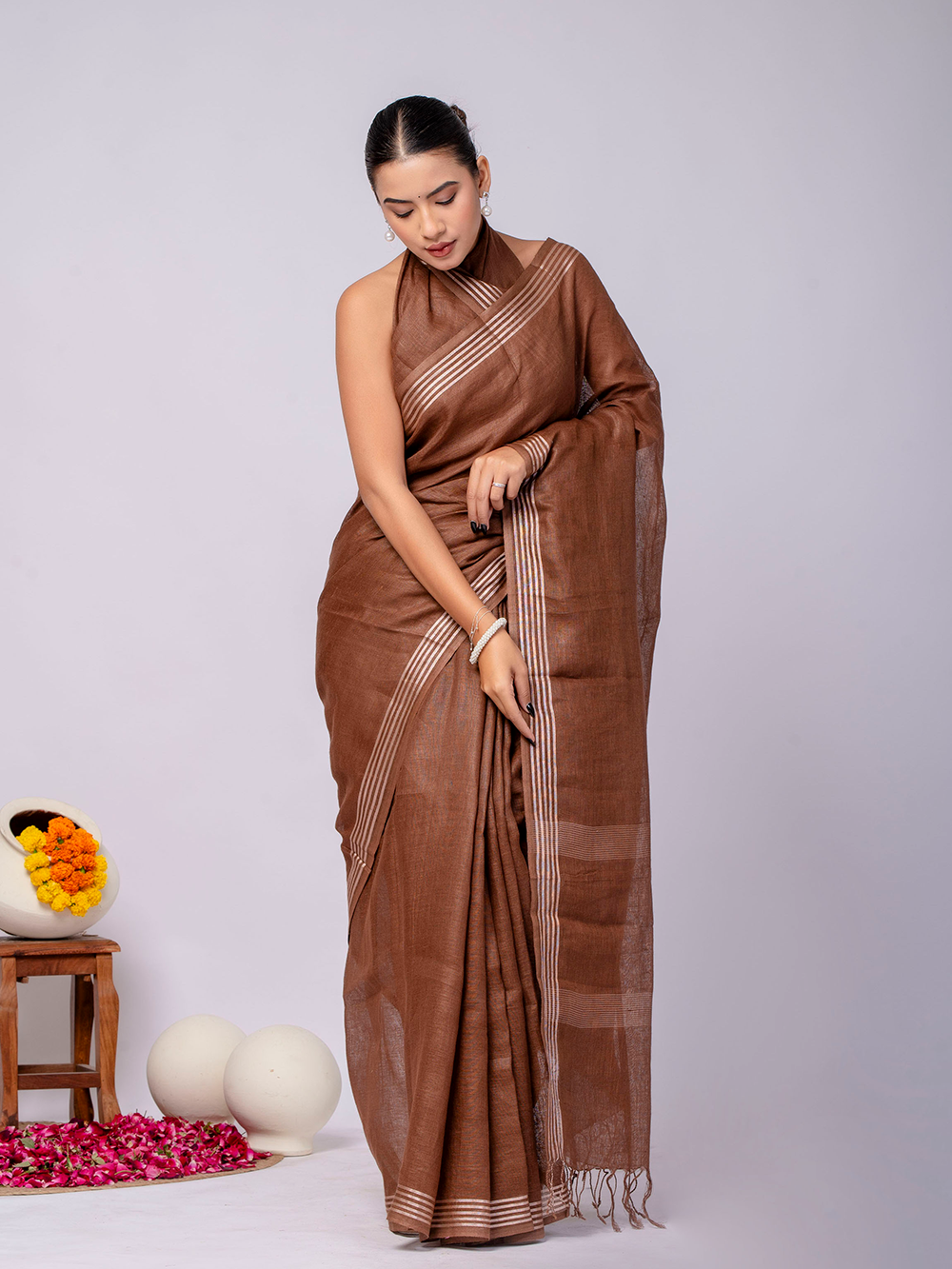 Cocoa Brown Cross Dyed Pure Linen Saree with Blouse