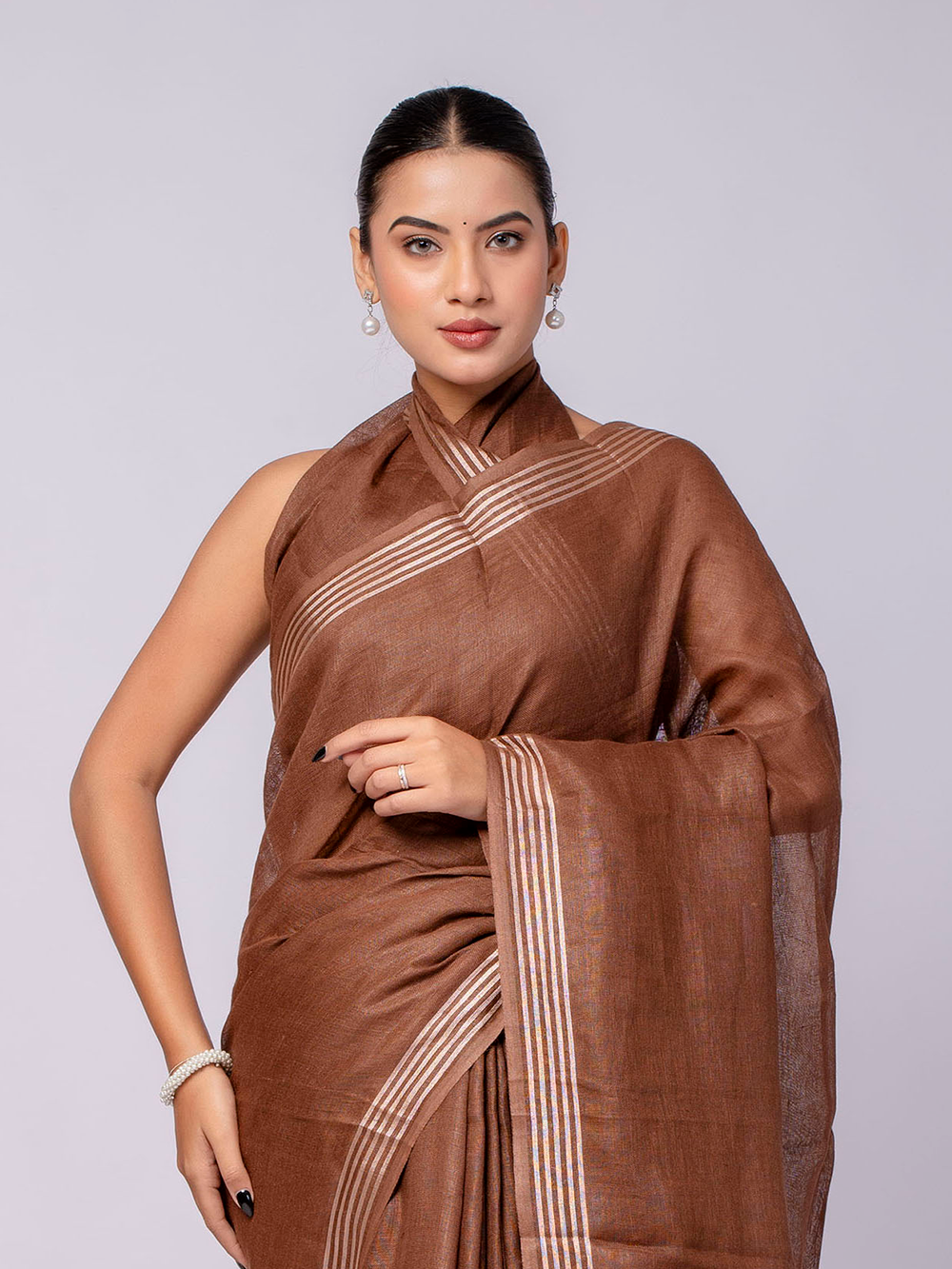 Cocoa Brown Cross Dyed Pure Linen Saree with Blouse