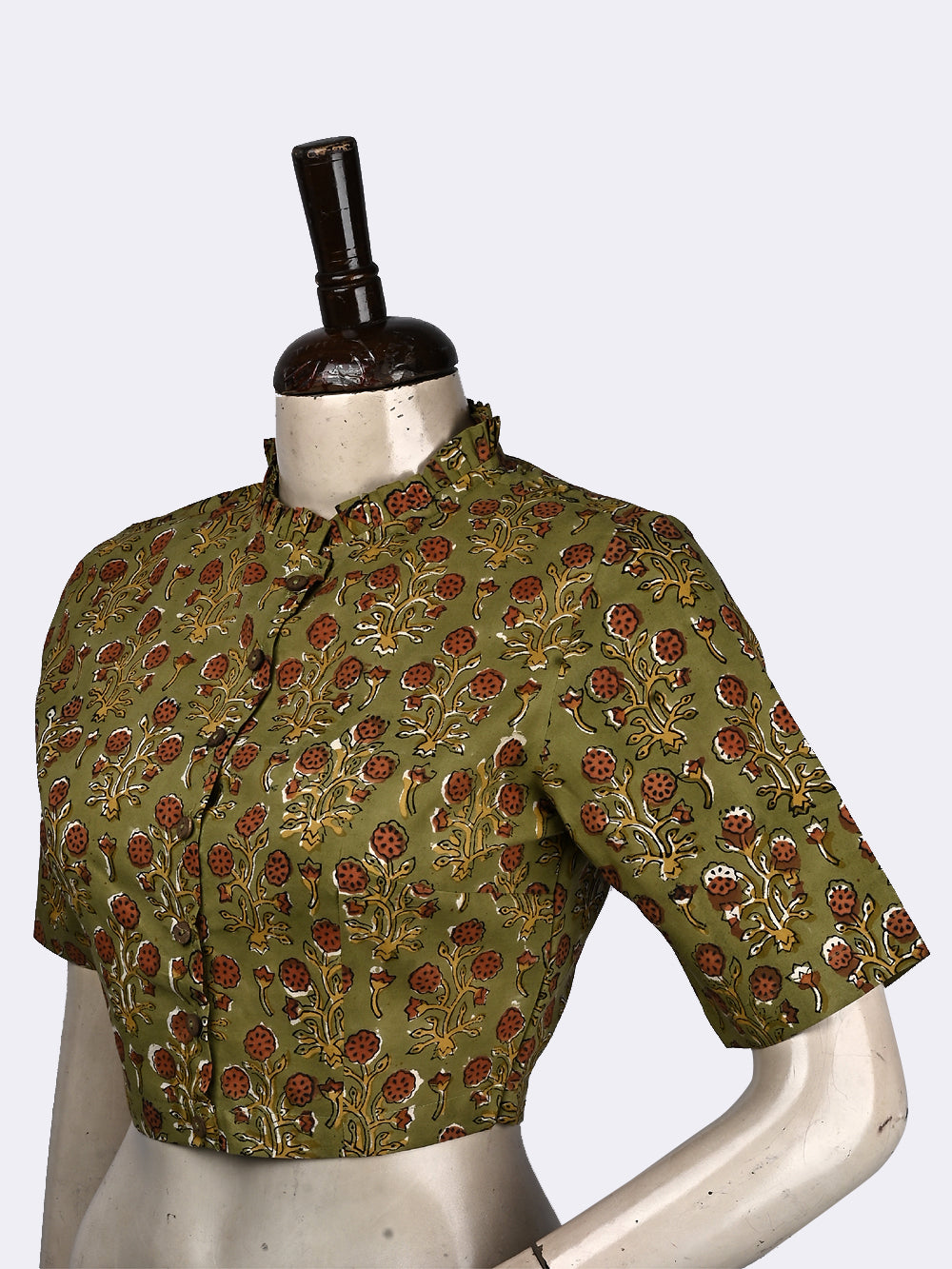 Kalamkari Mehendi Green Mughal Flower Frill Collar Hand Block Printed Cotton Blouse