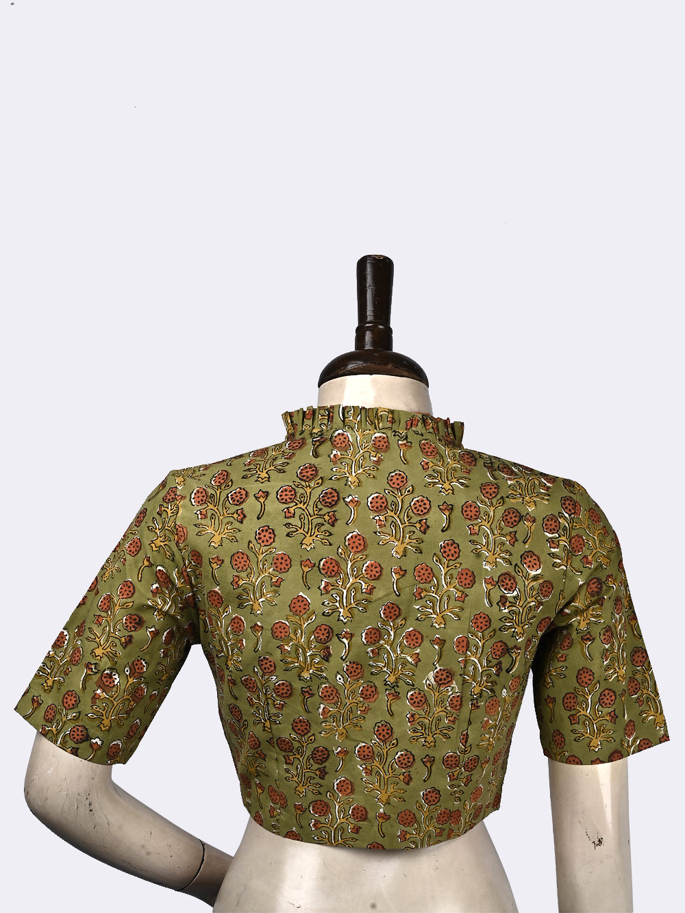 Kalamkari Mehendi Green Mughal Flower Frill Collar Hand Block Printed Cotton Blouse