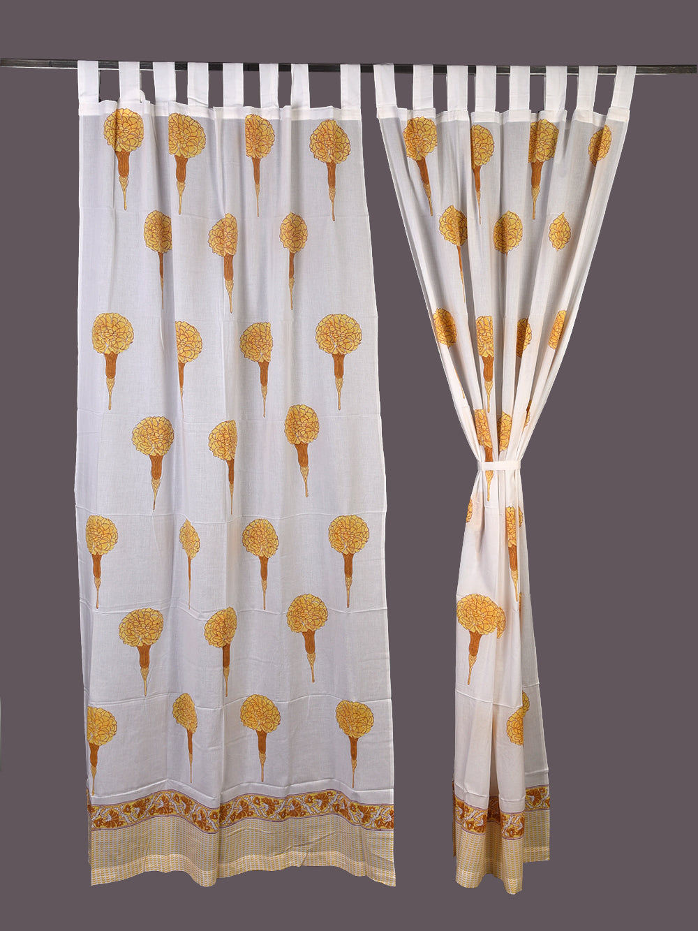 Hand Block Printed Yellow Genda Phool Cotton Curtain Set