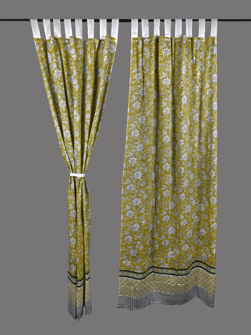 Hand Block Printed Green Floral Chintz Cotton Curtain Set