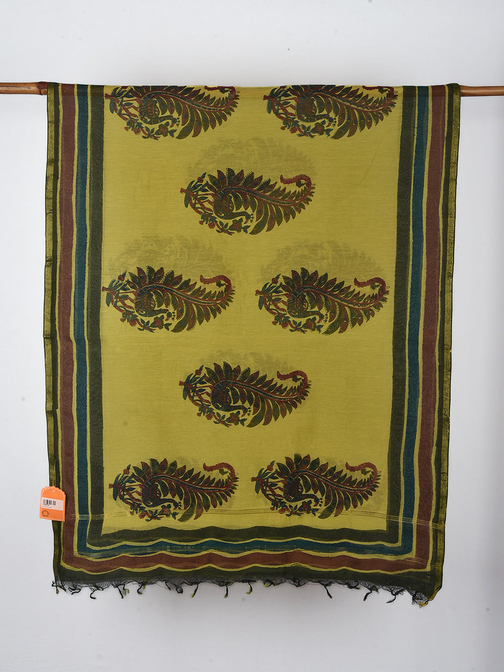 Green Peacock Boota Hand Block Printed Silk Cotton Chanderi Dupatta