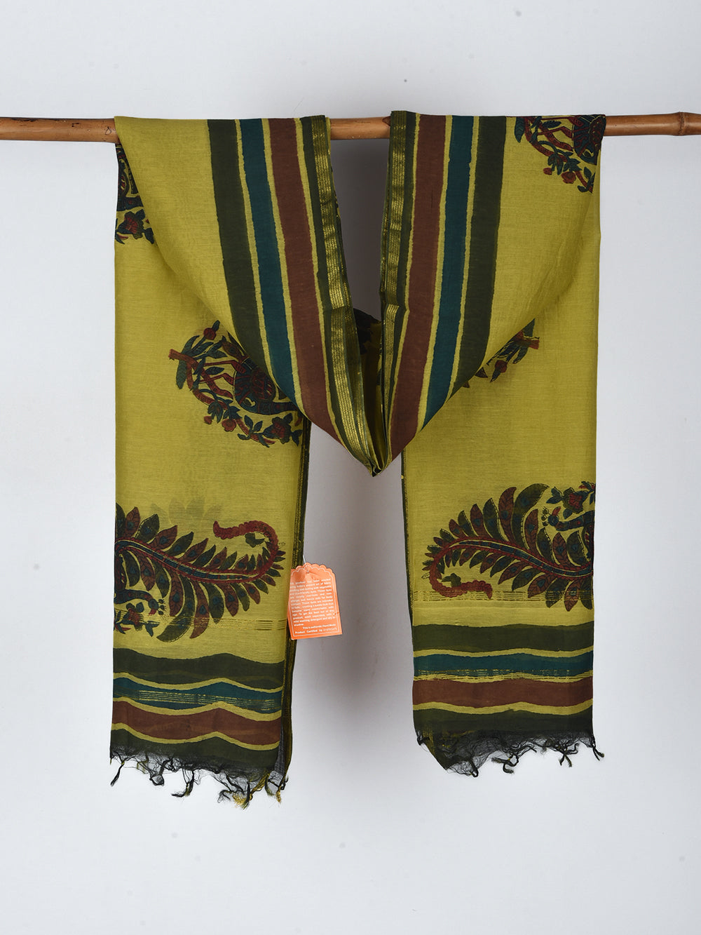 Green Peacock Boota Hand Block Printed Silk Cotton Chanderi Dupatta