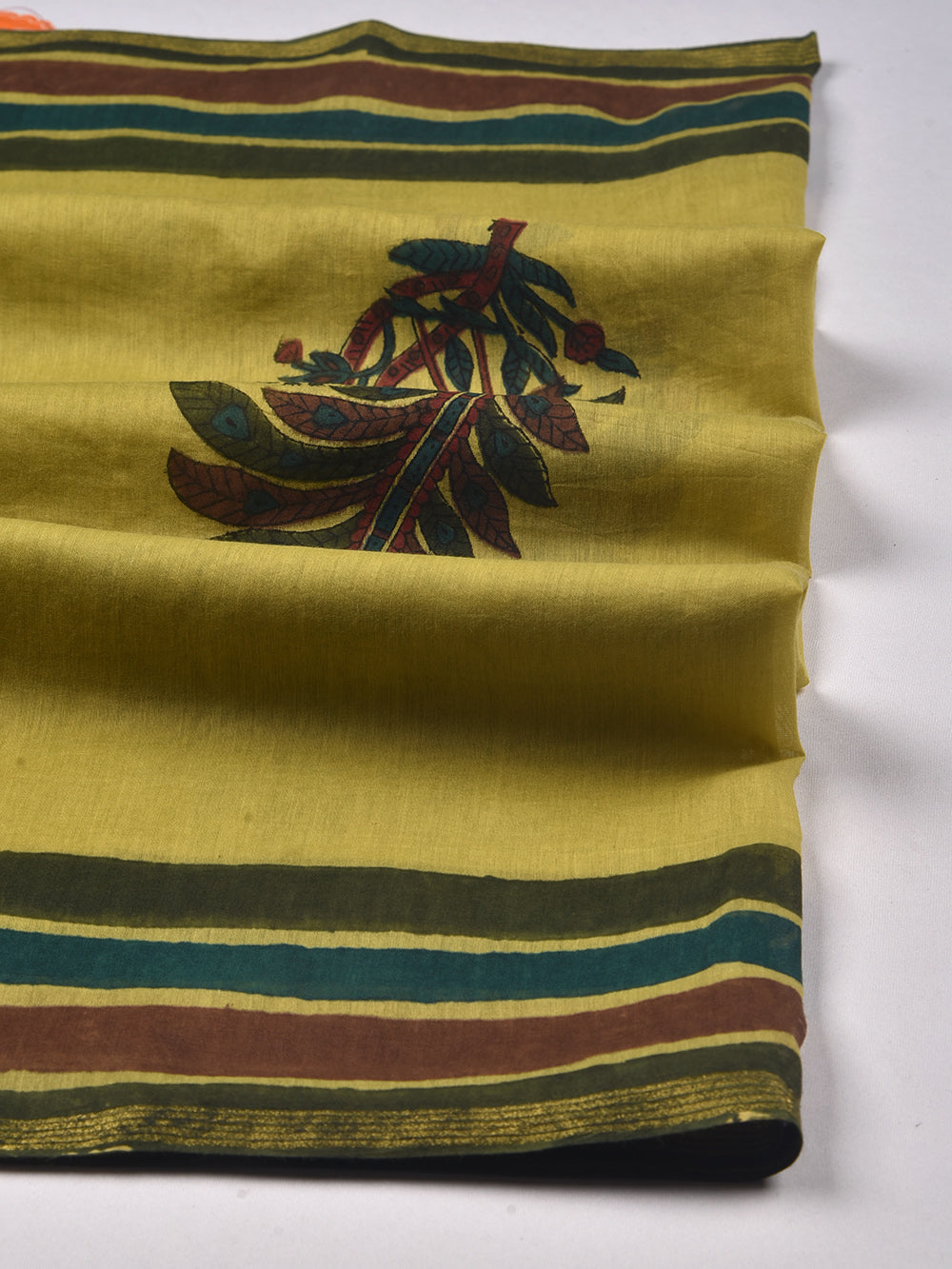 Green Peacock Boota Hand Block Printed Silk Cotton Chanderi Dupatta