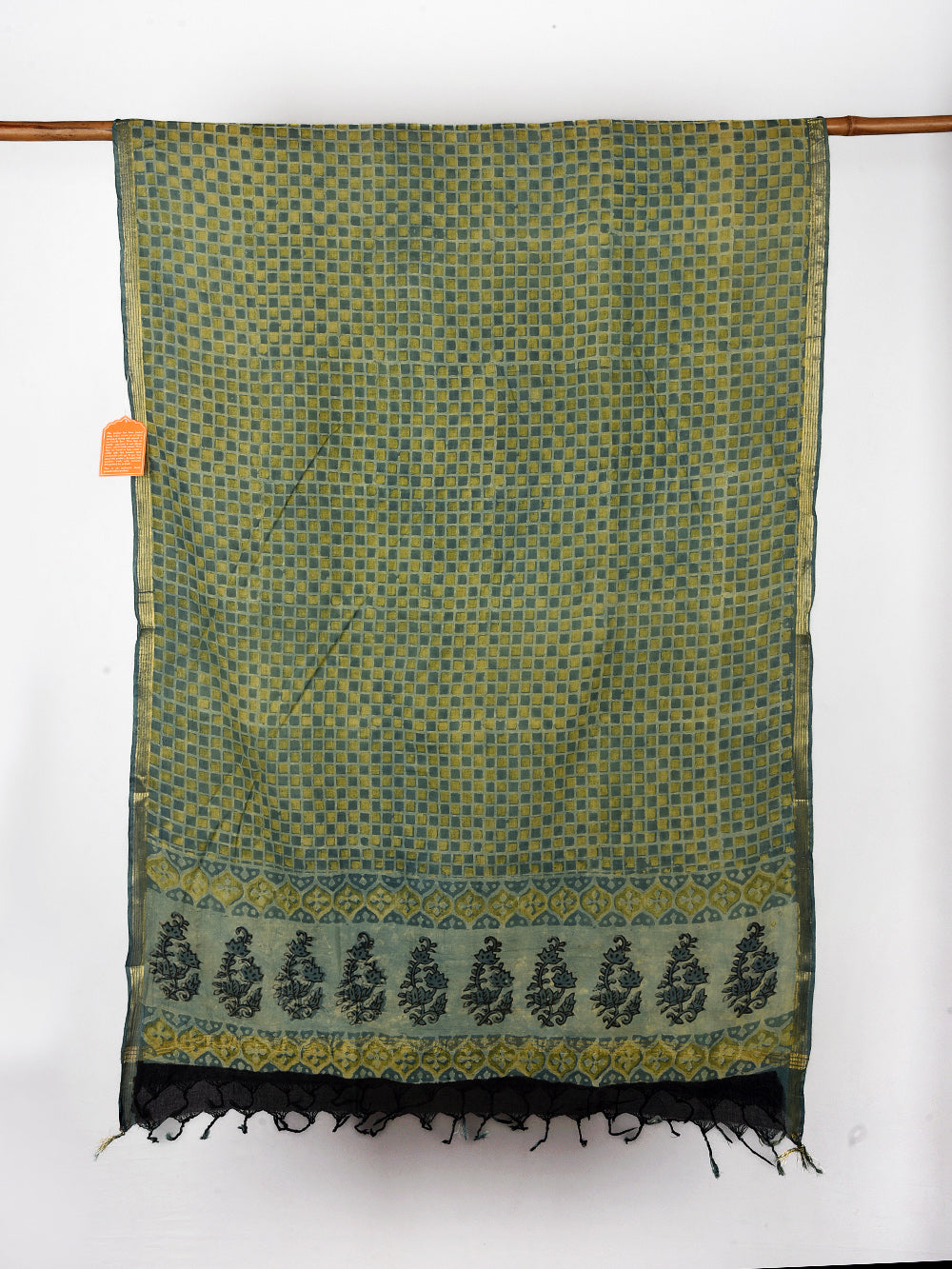 Checkmate green Hand Block Printed Cotton Dupatta with Zari Border