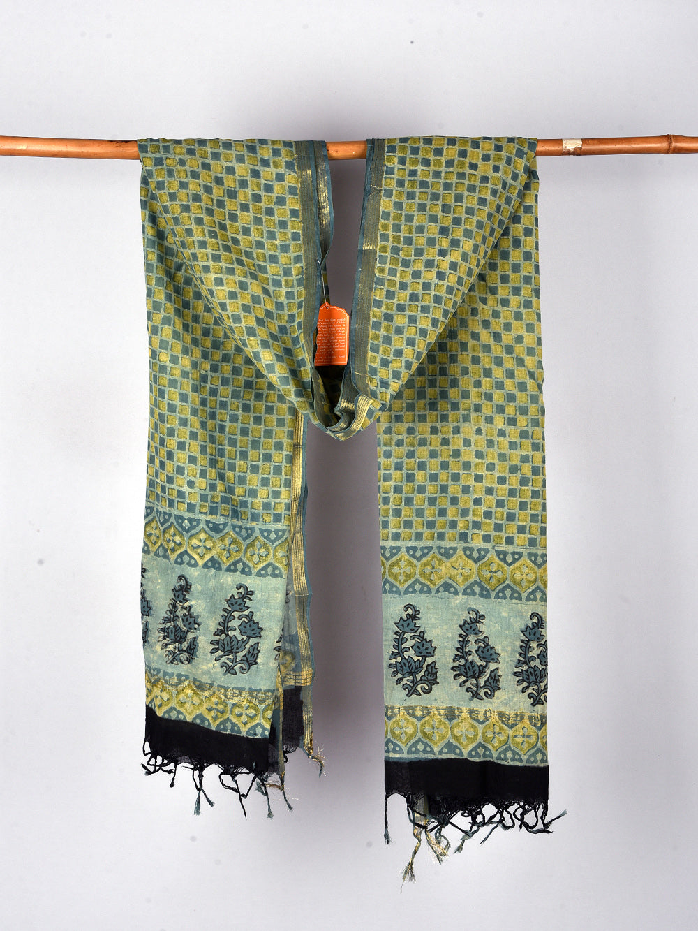 Checkmate green Hand Block Printed Cotton Dupatta with Zari Border
