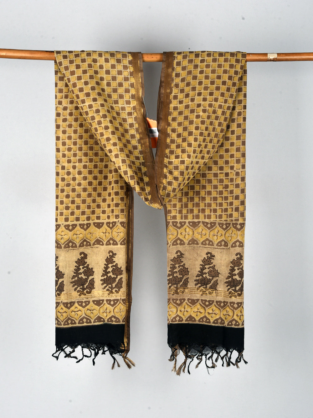 Brown Checkmate Hand Block Printed Cotton Dupatta with Zari Border