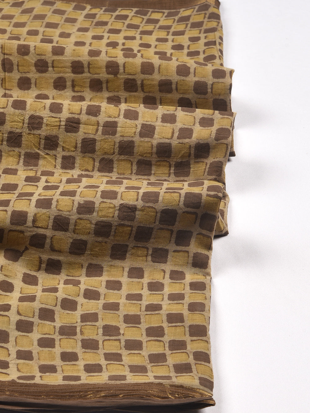 Brown Checkmate Hand Block Printed Cotton Dupatta with Zari Border