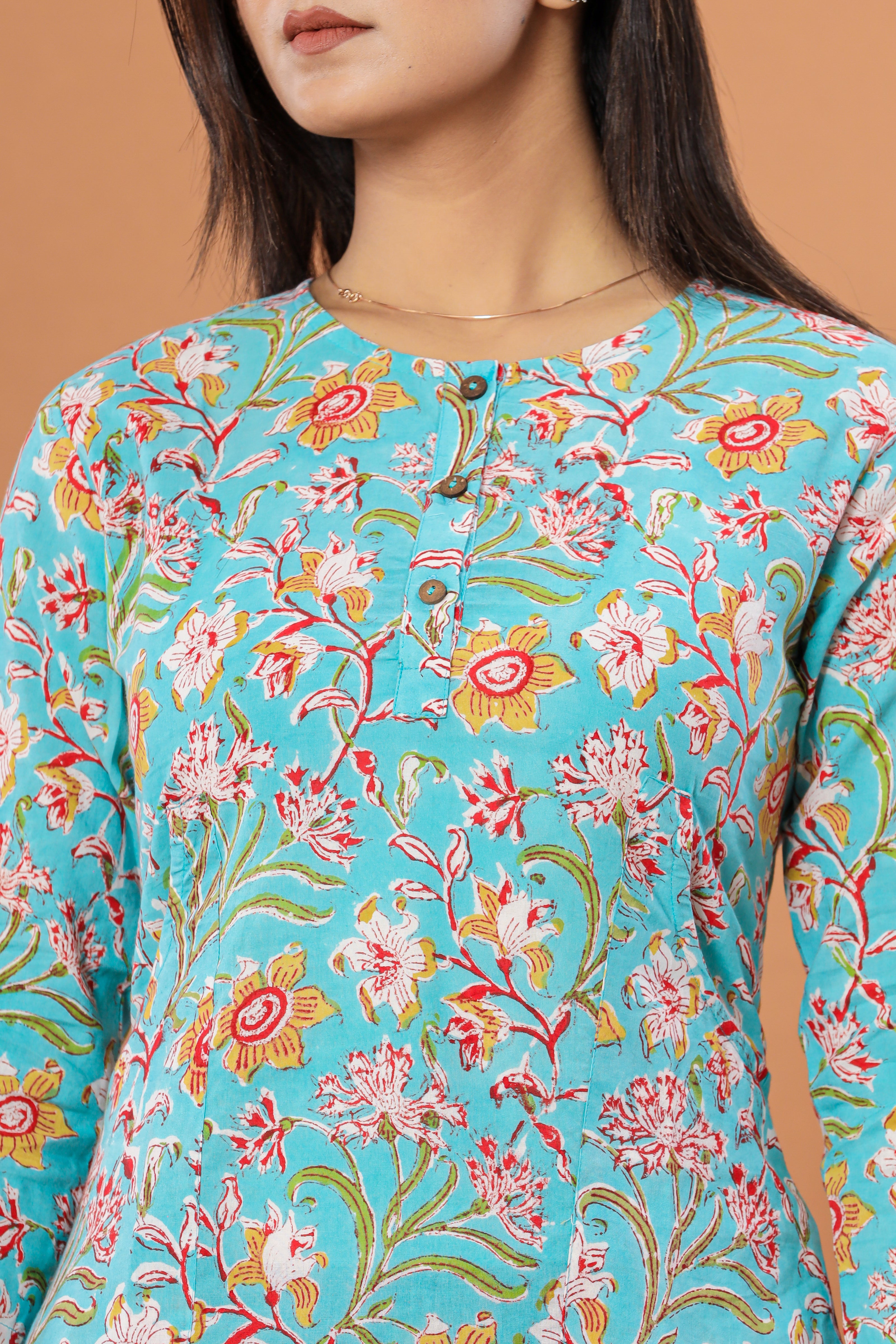 Blue Chintz Jaal Lounge Womens Hand Block Printed Tops