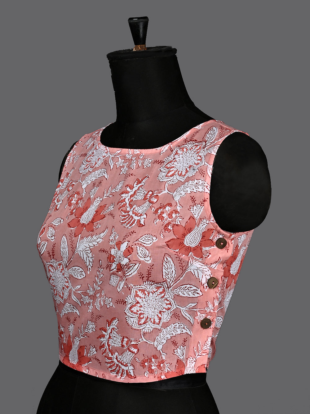 Peach Floral Chintz Hand Block Printed Sleeveless Printed Cotton Blouse