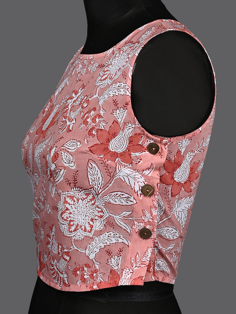 Peach Floral Chintz Hand Block Printed Sleeveless Printed Cotton Blouse