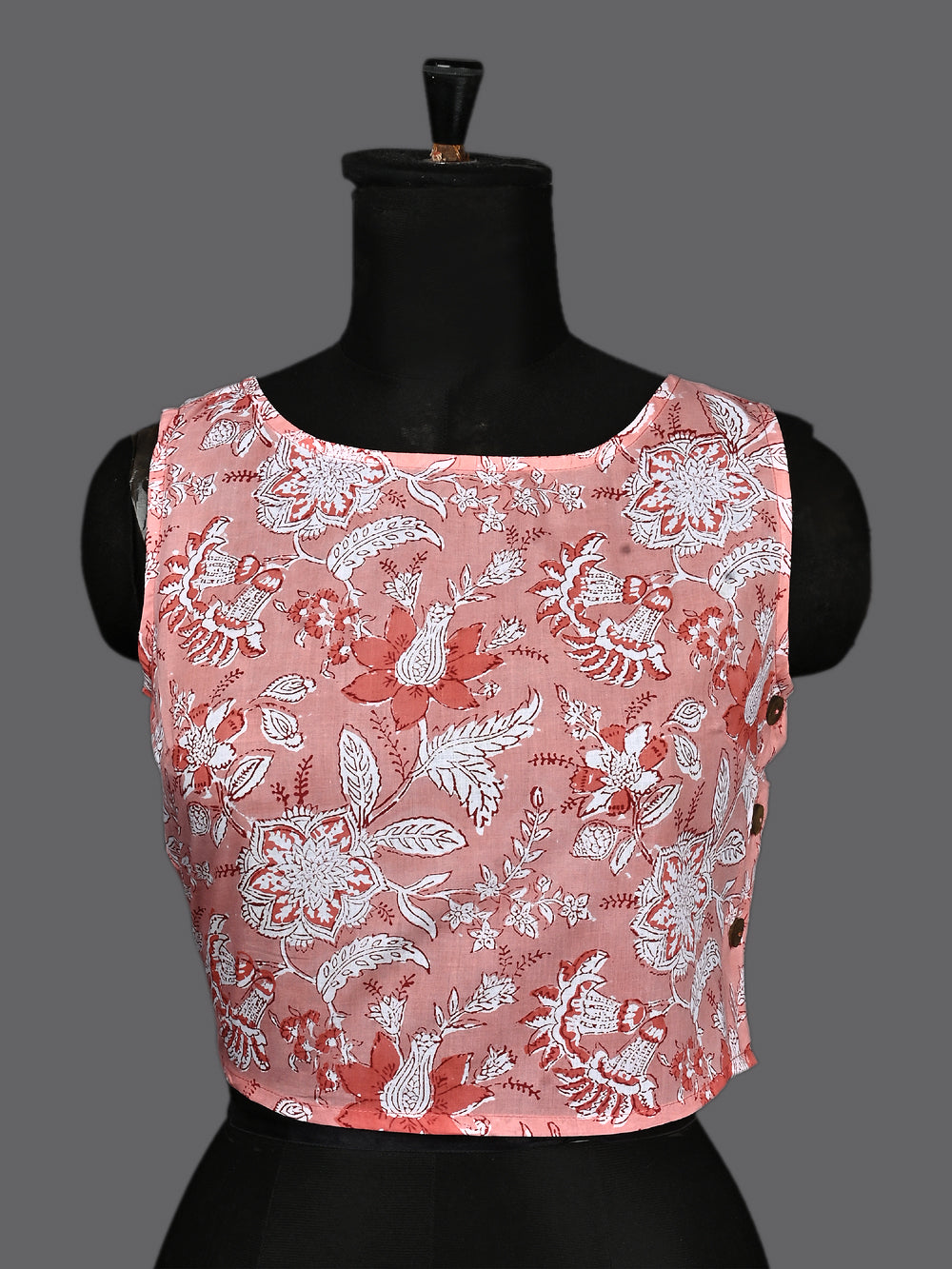 Peach Floral Chintz Hand Block Printed Sleeveless Printed Cotton Blouse