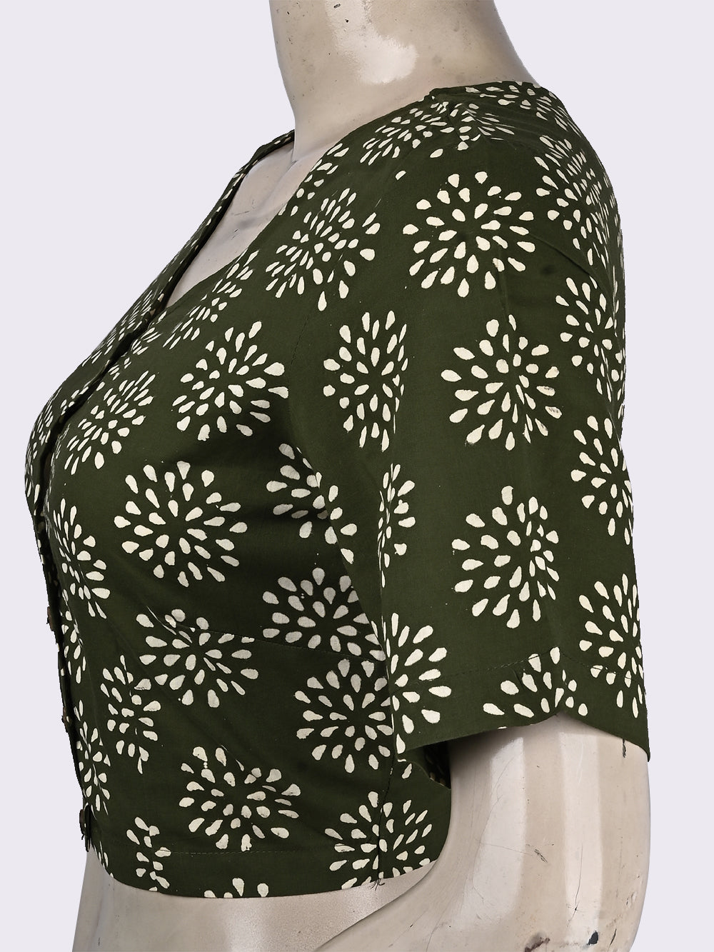 Green Crackle V-neck Hand Block Printed Cotton Blouse