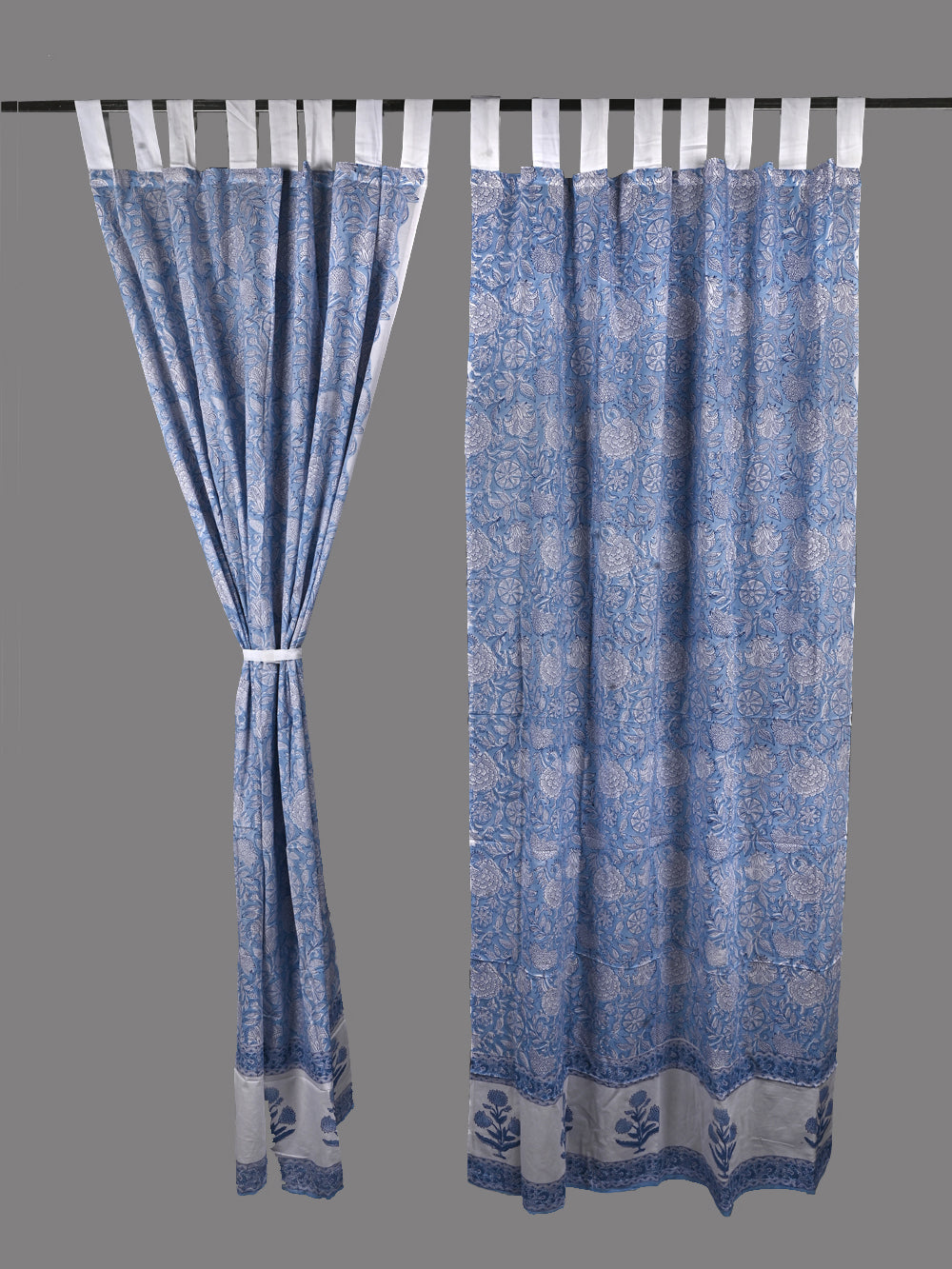 Hand Block Printed Blue Floral Cotton Curtain Set