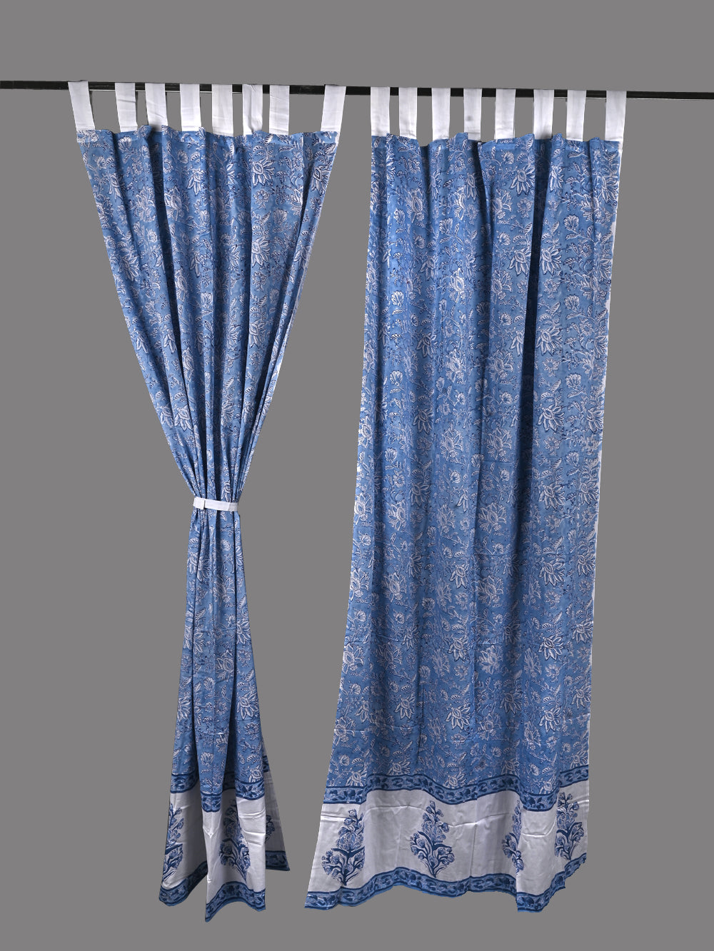 Hand Block Printed Blue Ethnic Cotton Curtain Set