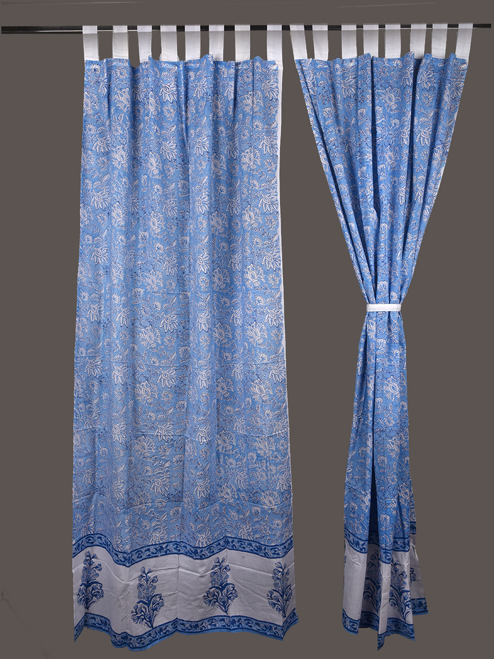 Hand Block Printed Blue Bagaan Cotton Curtain Set