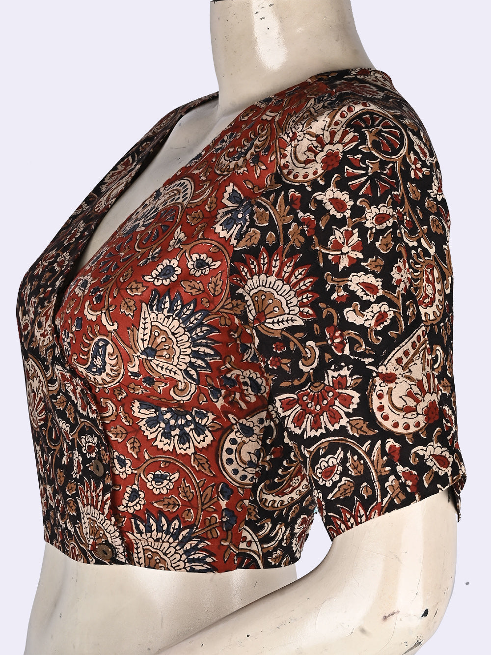 Red-Black Kalamkari Angrakha Hand Block Printed Cotton Blouse