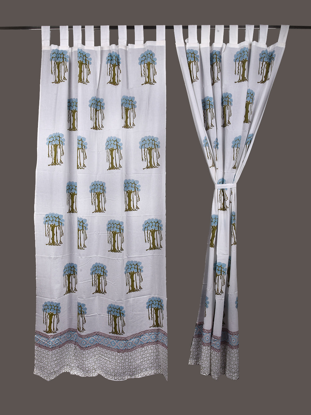 Hand Block Printed Blue Kalp Vriksh Cotton Curtain Set