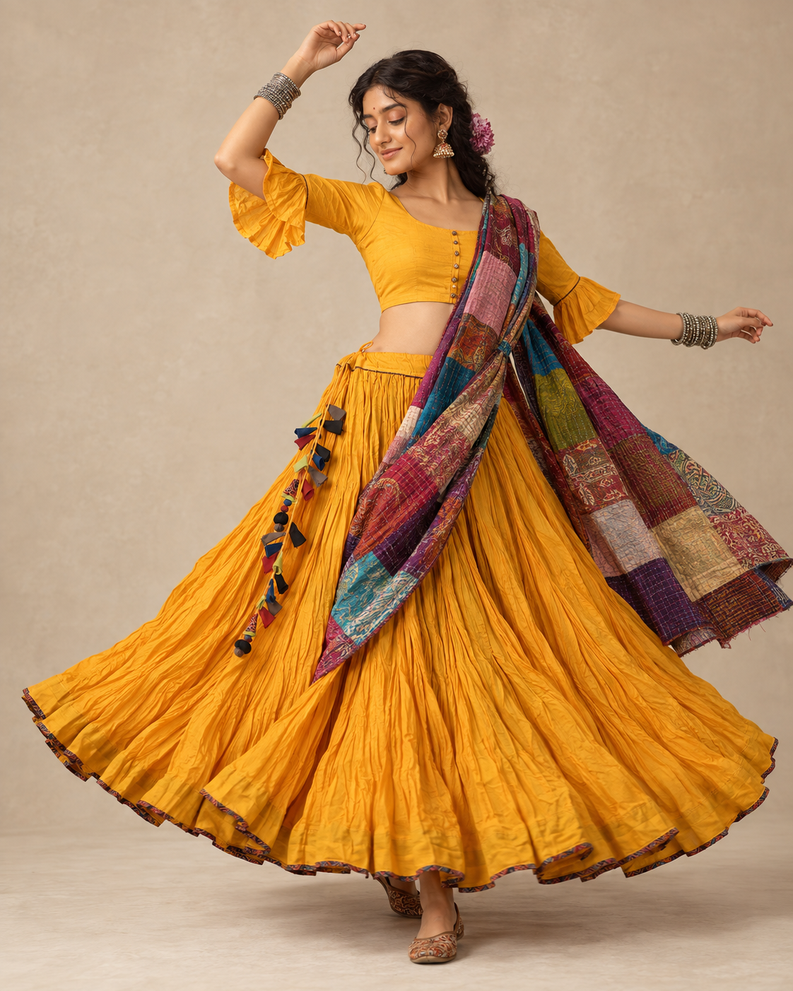 Yellow Plain Dyed Crinkled Cotton Mul mul 100 Kali Kalidaar Skirt