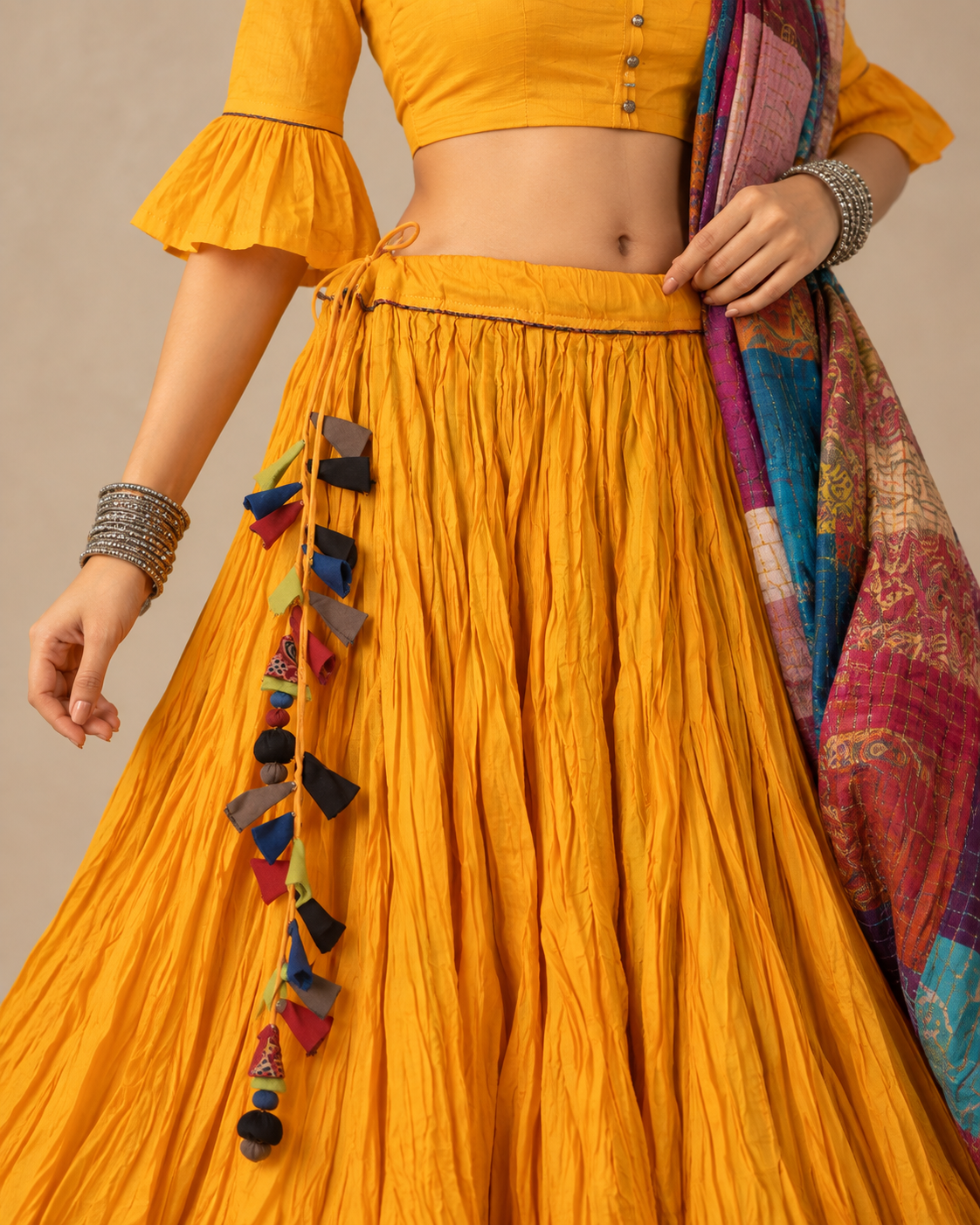 Yellow Plain Dyed Crinkled Cotton Mul mul 100 Kali Kalidaar Skirt