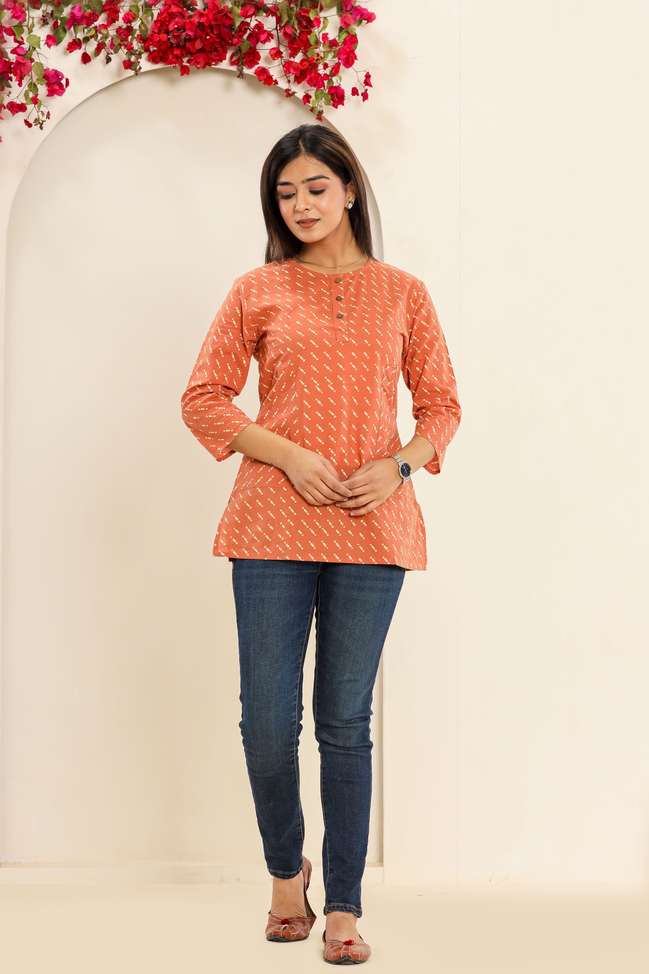 Coral Morse Code Lounge Womens Hand Block Printed Tops