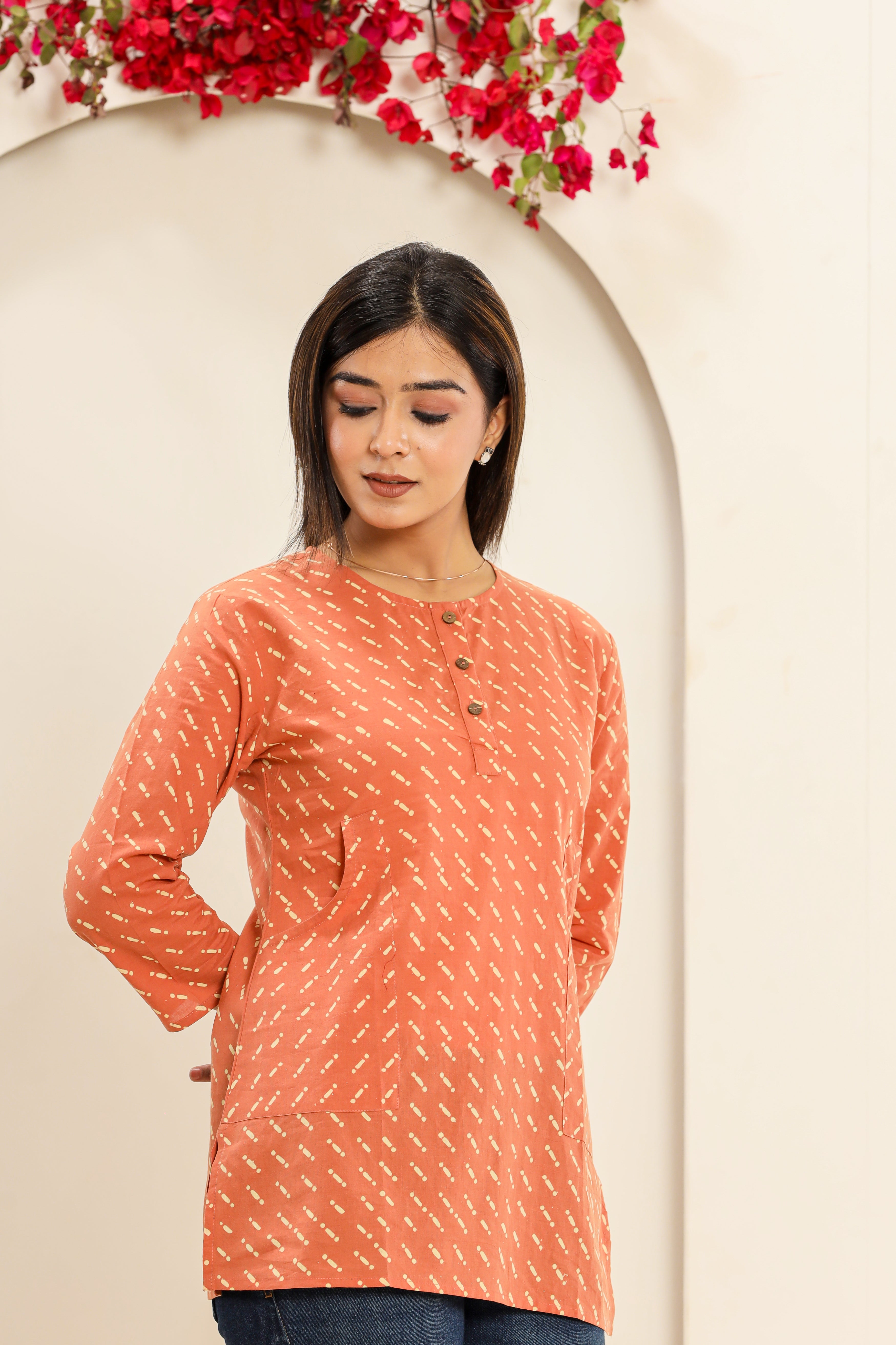 Coral Morse Code Lounge Womens Hand Block Printed Tops