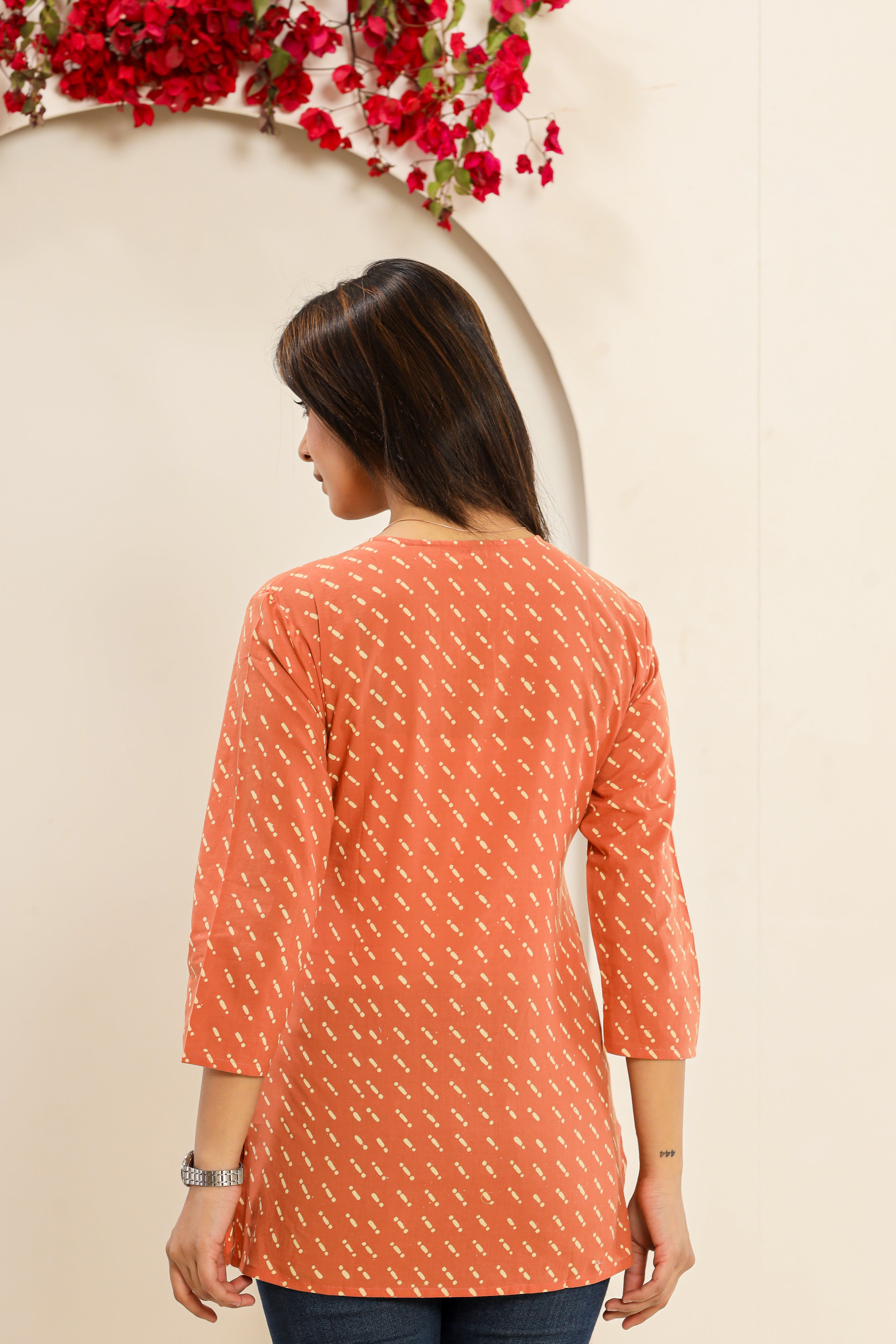 Coral Morse Code Lounge Womens Hand Block Printed Tops