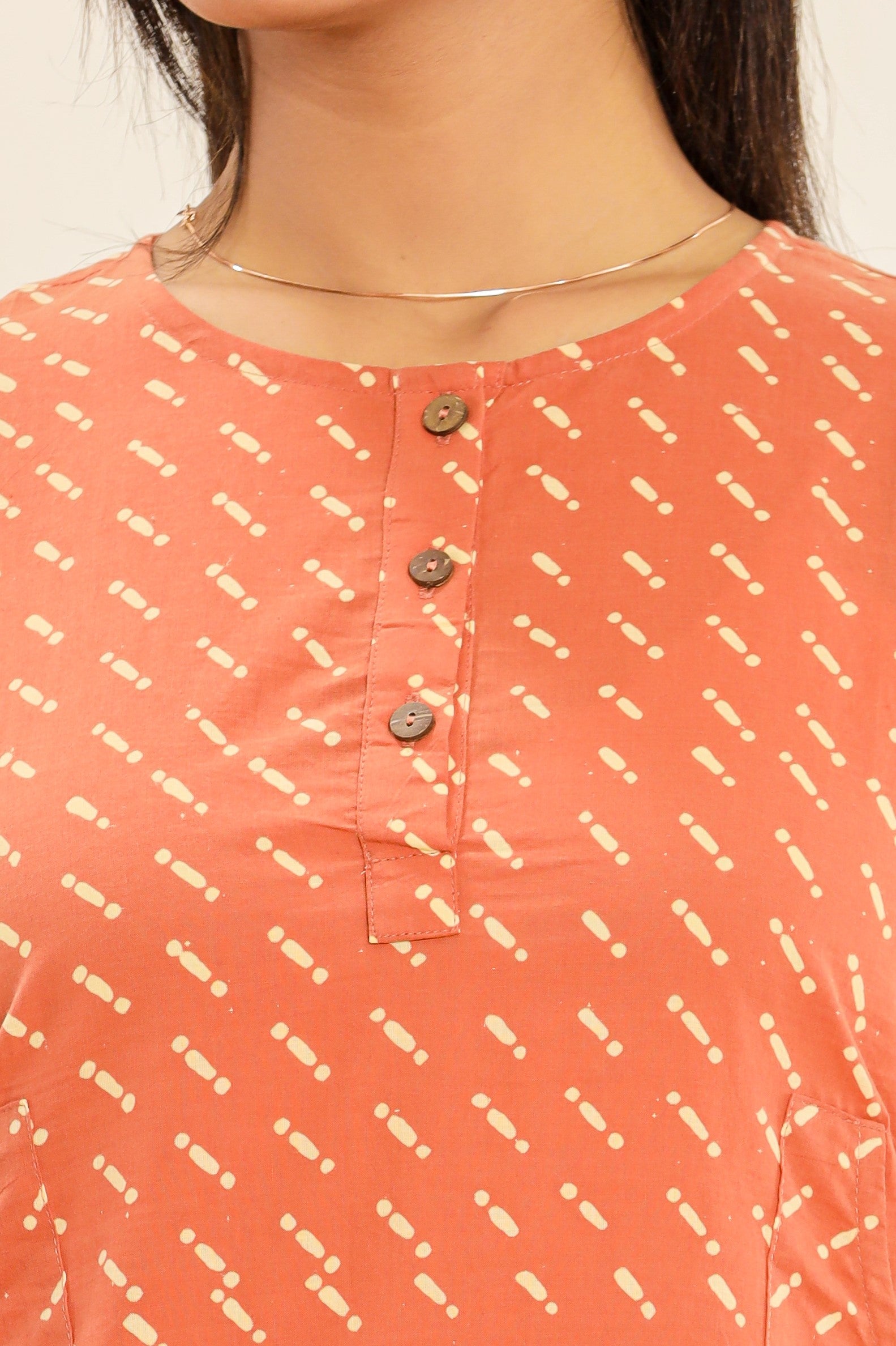 Coral Morse Code Lounge Womens Hand Block Printed Tops